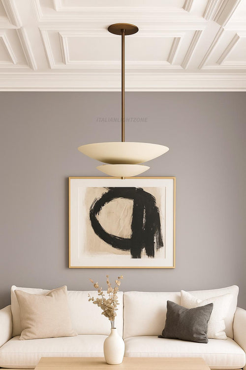 Mid Century Modern Cream Brass Pendant Light, Minimalist Flush Ceiling Fixture, Handmade Sculptural Lighting for Living Room & Dining Room