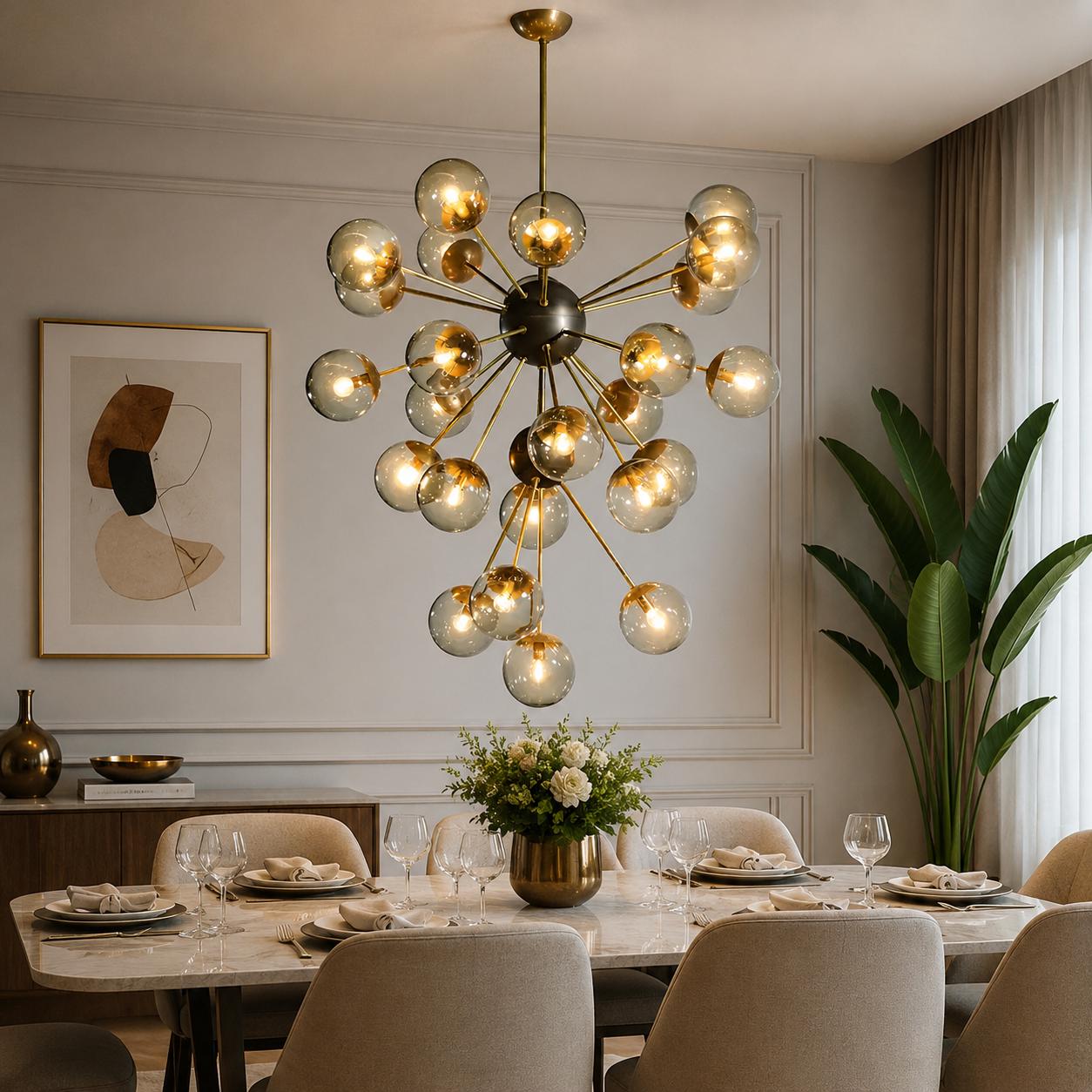 1950s Mid Century Modern Brass Smoked Glass Sputnik Chandelier | Retro Ceiling Light Pendant Lighting for Dining Room, Bedroom & Living Room