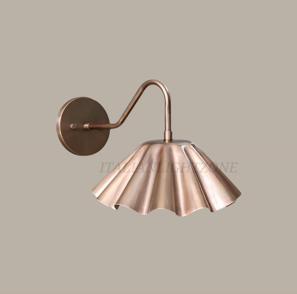 Italian Handcrafted Brass Wall Sconce – Mid Century Modern Ruffle Shade Lamp, Vintage Luxury Lighting Fixture for Bedroom & Living Room