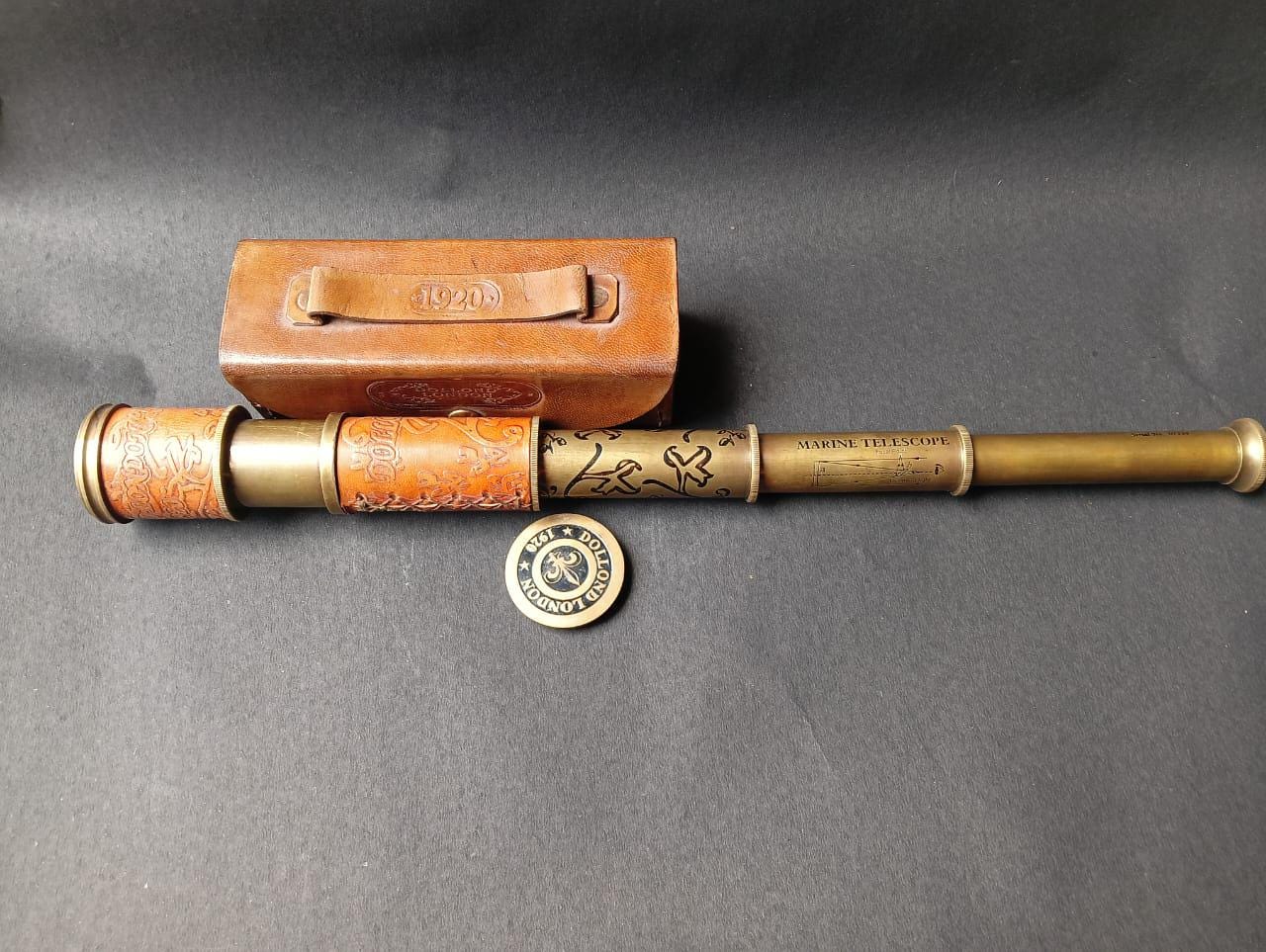 Handmade Antique Brass Pirate Telescope – Dollond London 1920 Spyglass–16” Functional Nautical Marine  Scope with Leather Case Vintage Decor