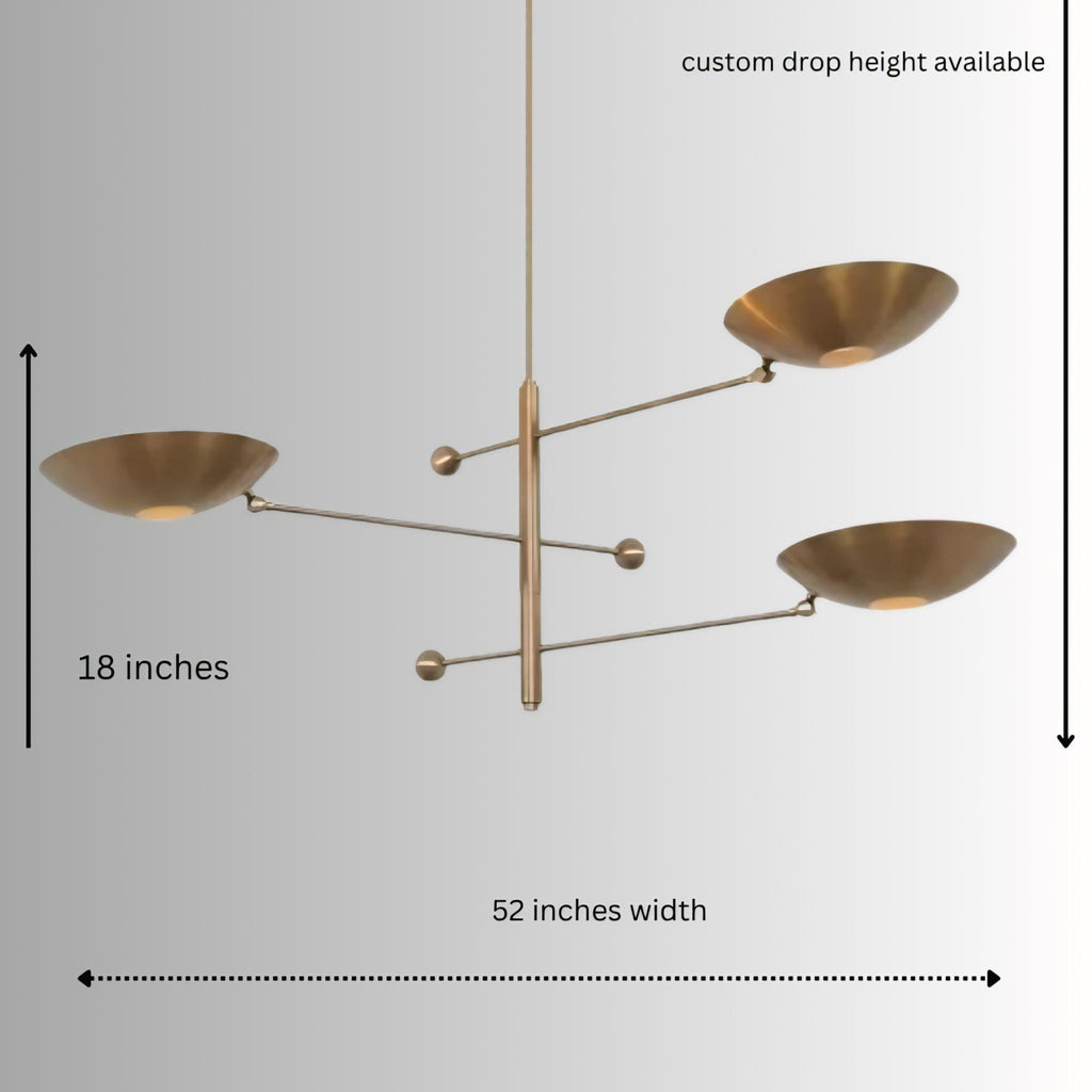 Mid Century Modern Brass Chandelier – 3 Light Sputnik Pendant Ceiling Lamp – Dining Room, Bedroom, Kitchen – Handmade Lighting Gift