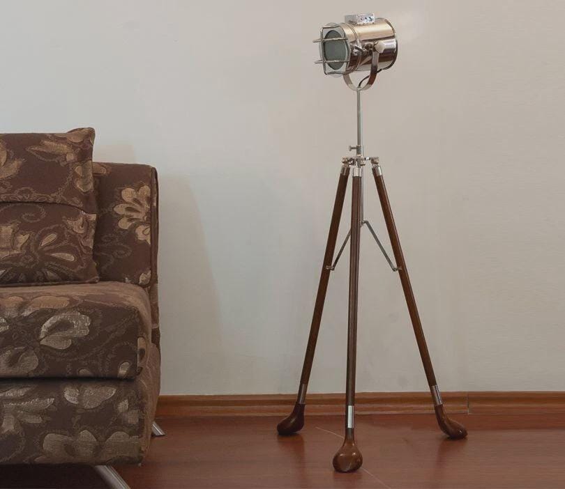Handmade Wooden Tripod Spotlight Lamp | Golf Design Floor Light | Adjustable Vintage Standing Lamp for Home Decoration