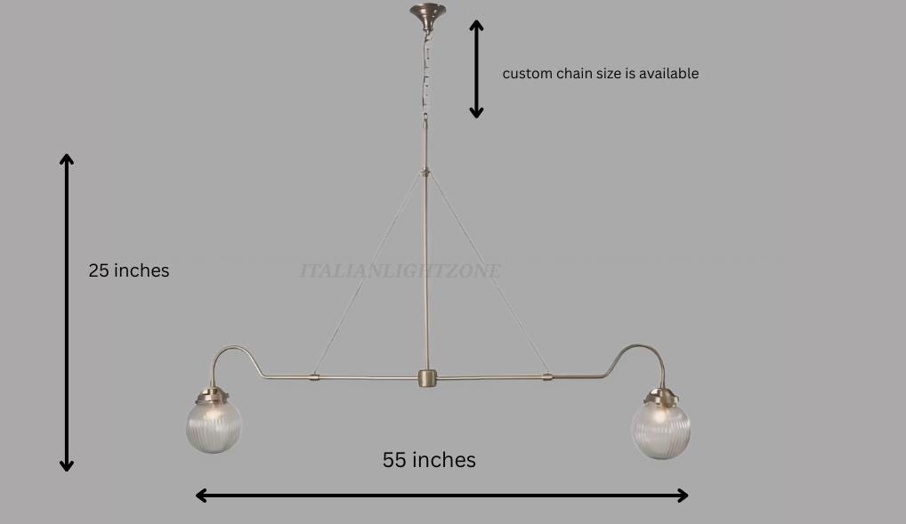 Mid Century Modern Brass Chandelier – 2-Light Sputnik Ceiling Lamp with Ribbed Glass Globes | Semi Flush Mount Lighting for Living Room