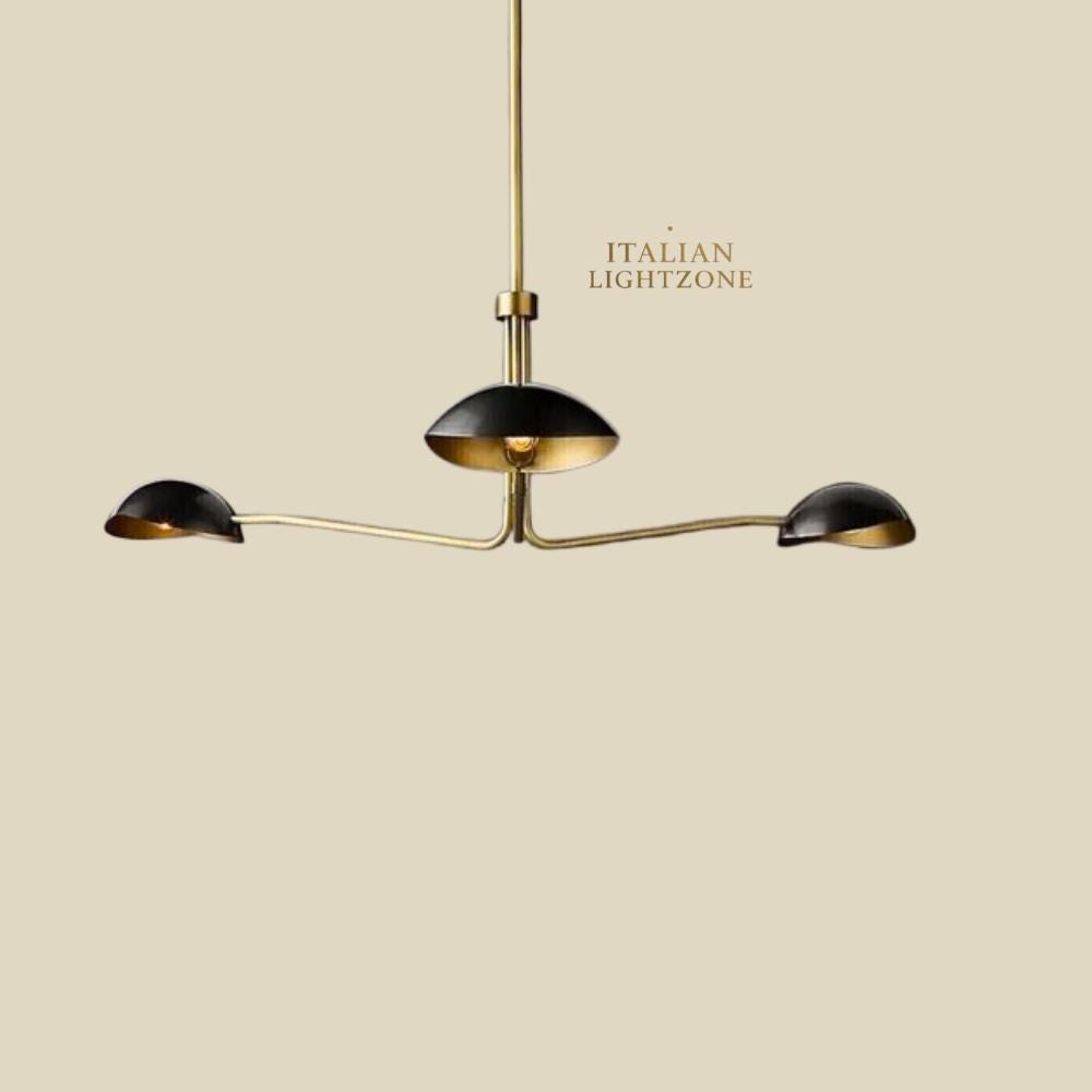 Handmade Mid Century Modern Stilnovo Chandelier – Italian Brass Sputnik Light – 3 Arm Black Dome Ceiling Lamp for Living or Dining