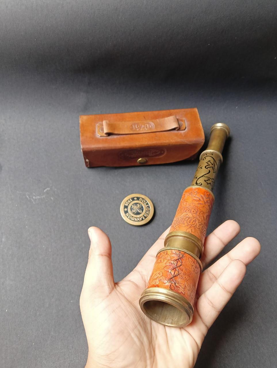 Handmade Antique Brass Pirate Telescope – Dollond London 1920 Spyglass–16” Functional Nautical Marine  Scope with Leather Case Vintage Decor
