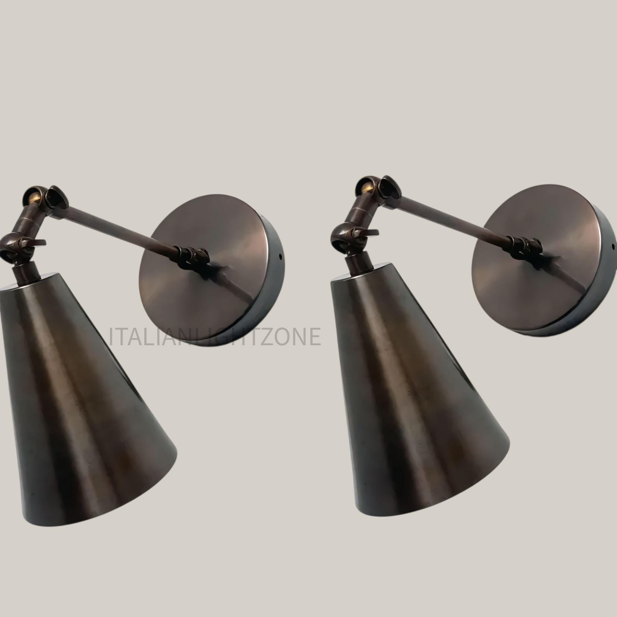Set of 2 Vintage Cone Wall Sconce Lights – Industrial Adjustable Lamps Mid Century Modern Brass Fixture Handmade Brass Lighting for bedroom