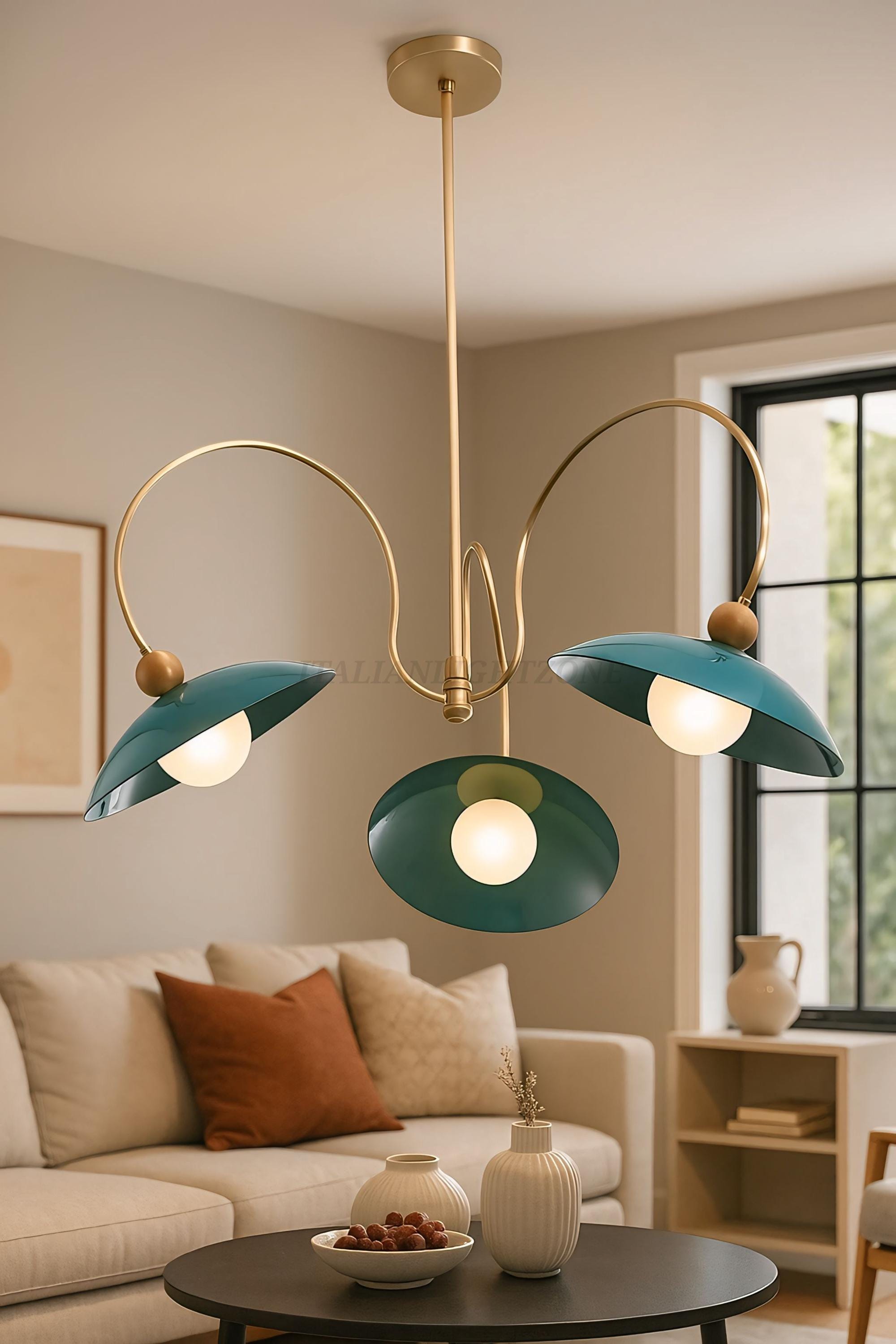 1920s Mid Century Modern Pendant Light – Brass & Walnut Chandelier with Enamel Shades | Vintage Ceiling Fixture for Dining Room