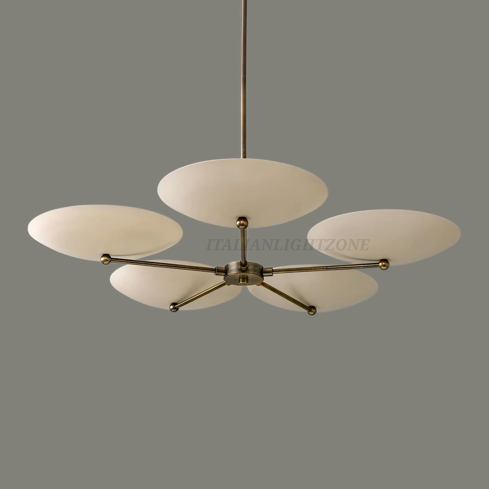 Handmade 5-Light Ceiling Chandelier – Mid Century Dining Room Pendant Fixture, Minimalist Brass Disc Ceiling Light for Kitchen & Living Room