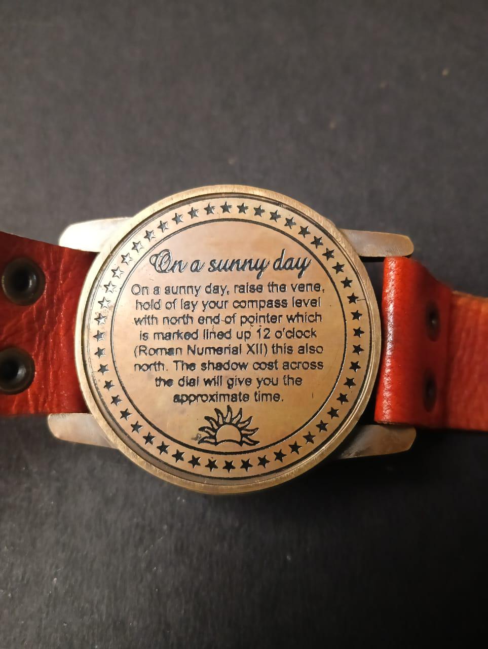 Vintage Brass Sundial Compass Watch | Nautical Leather Strap Gift | Handmade Collectible for Men & Women