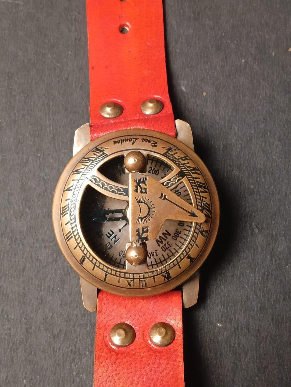 Vintage Brass Sundial Compass Watch | Nautical Leather Strap Gift | Handmade Collectible for Men & Women