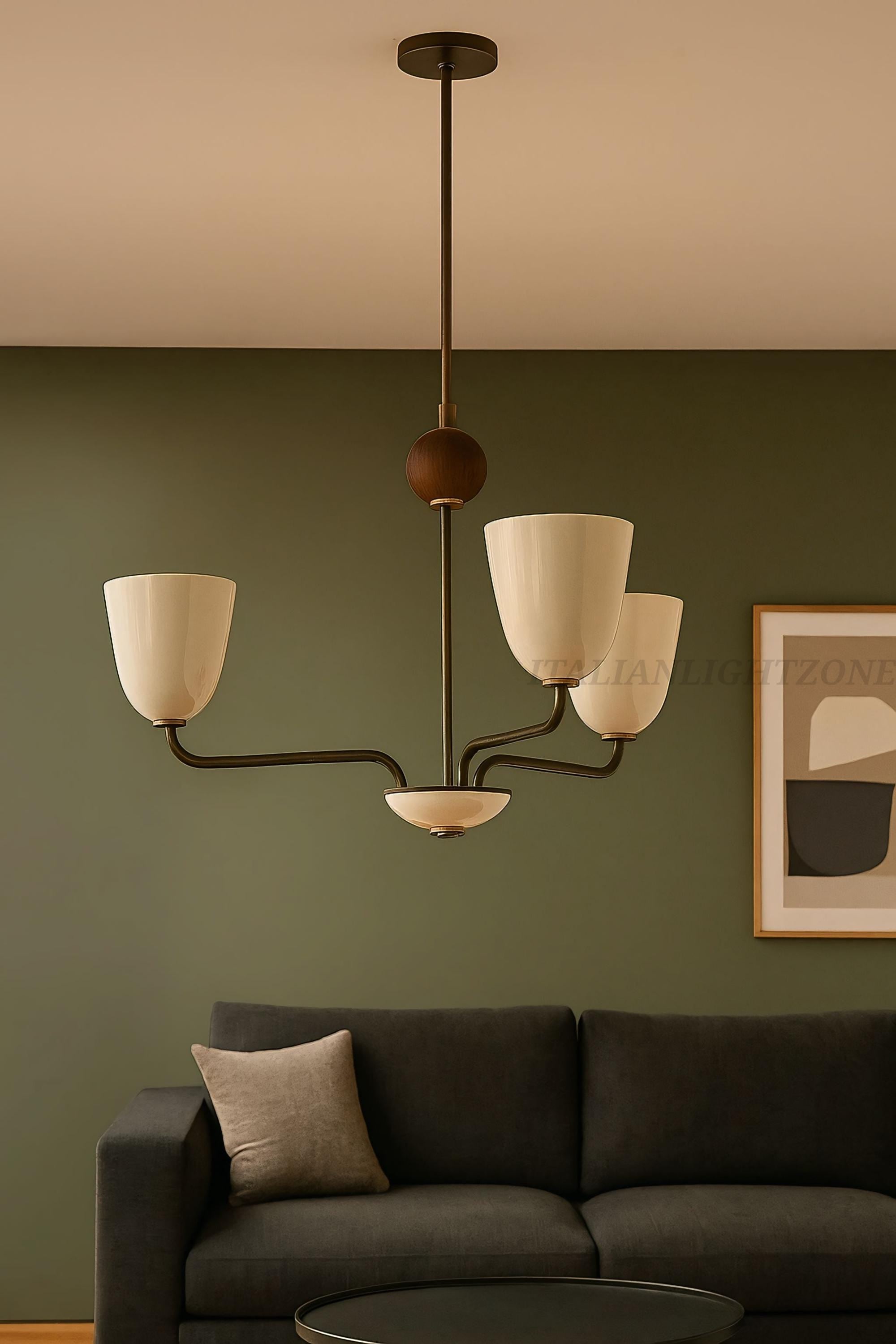 Lola Chandelier – Handmade 3-Light Walnut Ball Mid Century Modern Ceiling Fixture – Large Minimalist Pendant Light for Elegant Homes