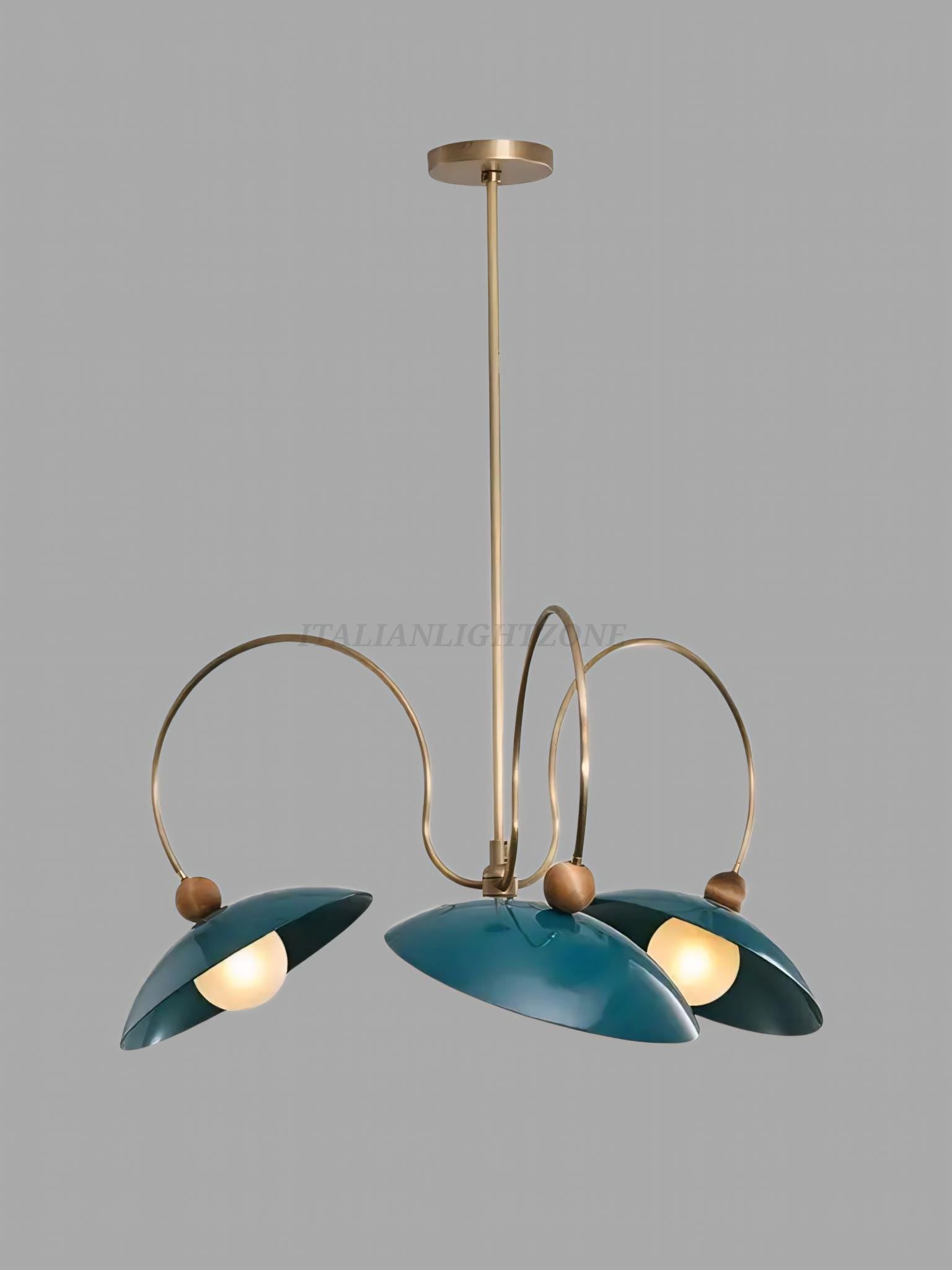 1920s Mid Century Modern Pendant Light – Brass & Walnut Chandelier with Enamel Shades | Vintage Ceiling Fixture for Dining Room