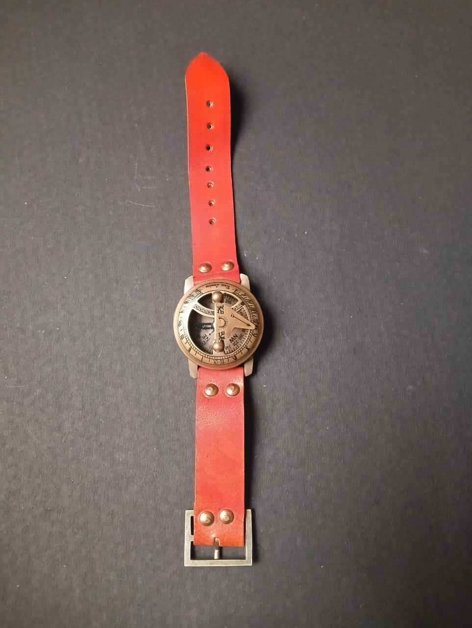 Vintage Brass Sundial Compass Watch | Nautical Leather Strap Gift | Handmade Collectible for Men & Women