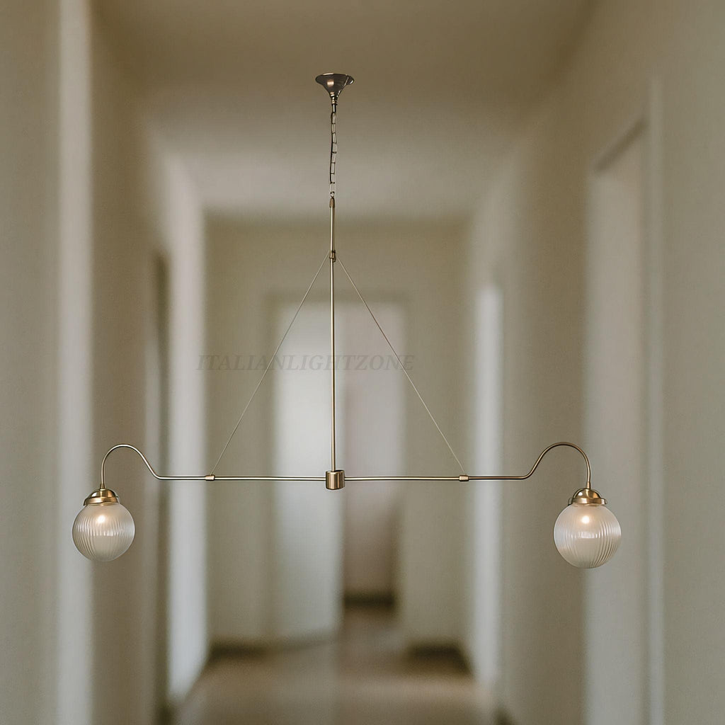 Mid Century Modern Brass Chandelier – 2-Light Sputnik Ceiling Lamp with Ribbed Glass Globes | Semi Flush Mount Lighting for Living Room