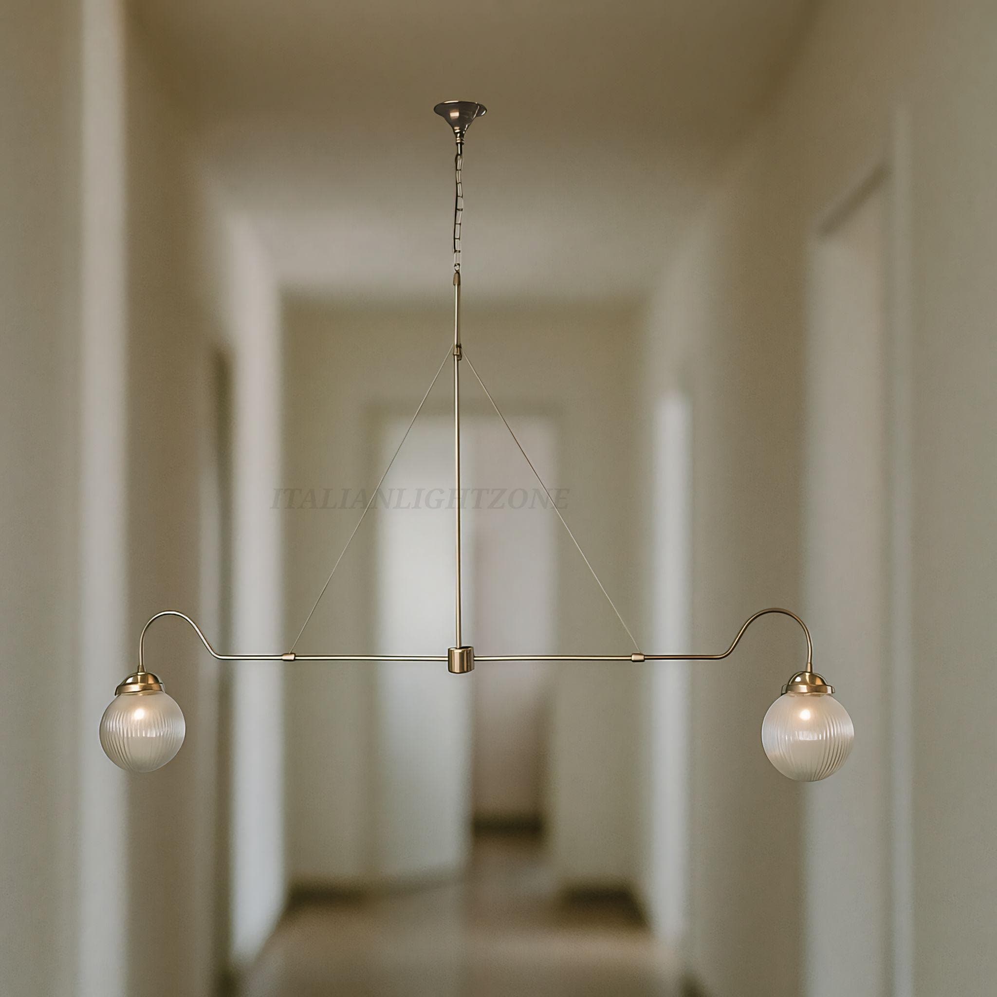 Mid Century Modern Brass Chandelier – 2-Light Sputnik Ceiling Lamp with Ribbed Glass Globes | Semi Flush Mount Lighting for Living Room
