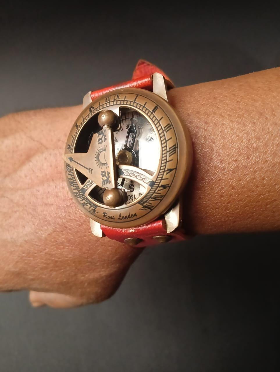 Vintage Brass Sundial Compass Watch | Nautical Leather Strap Gift | Handmade Collectible for Men & Women