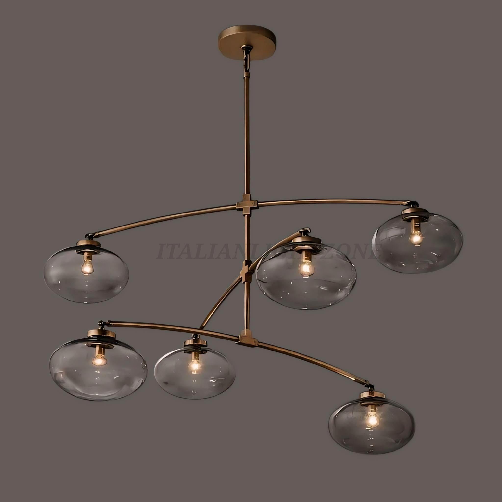 Mid Century Modern Brass Chandelier 6 Light Glass Globe Ceiling Pendant 1950s Style Vintage Home Décor Lighting Fixture Pendant Home Decor