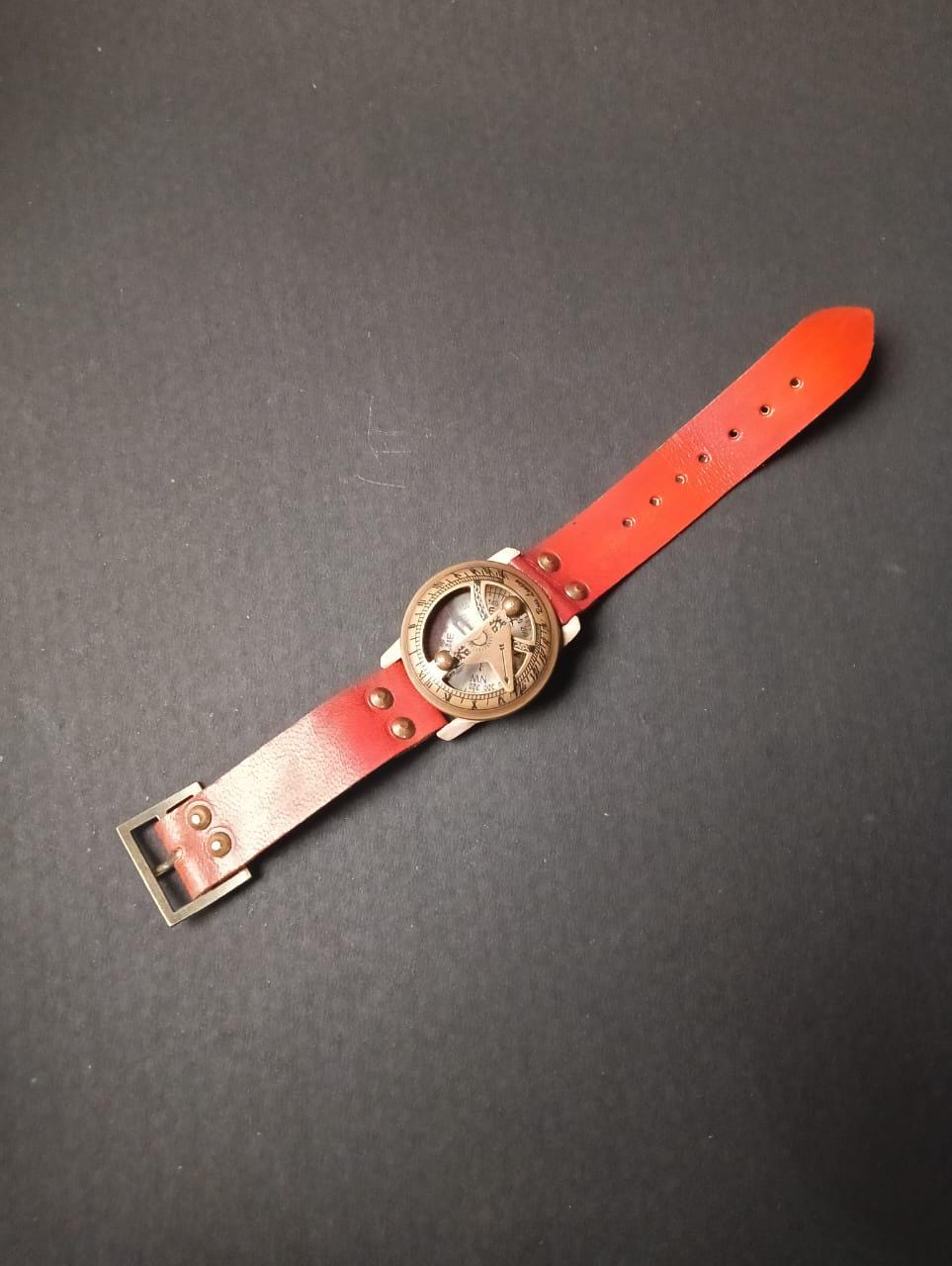 Vintage Brass Sundial Compass Watch | Nautical Leather Strap Gift | Handmade Collectible for Men & Women