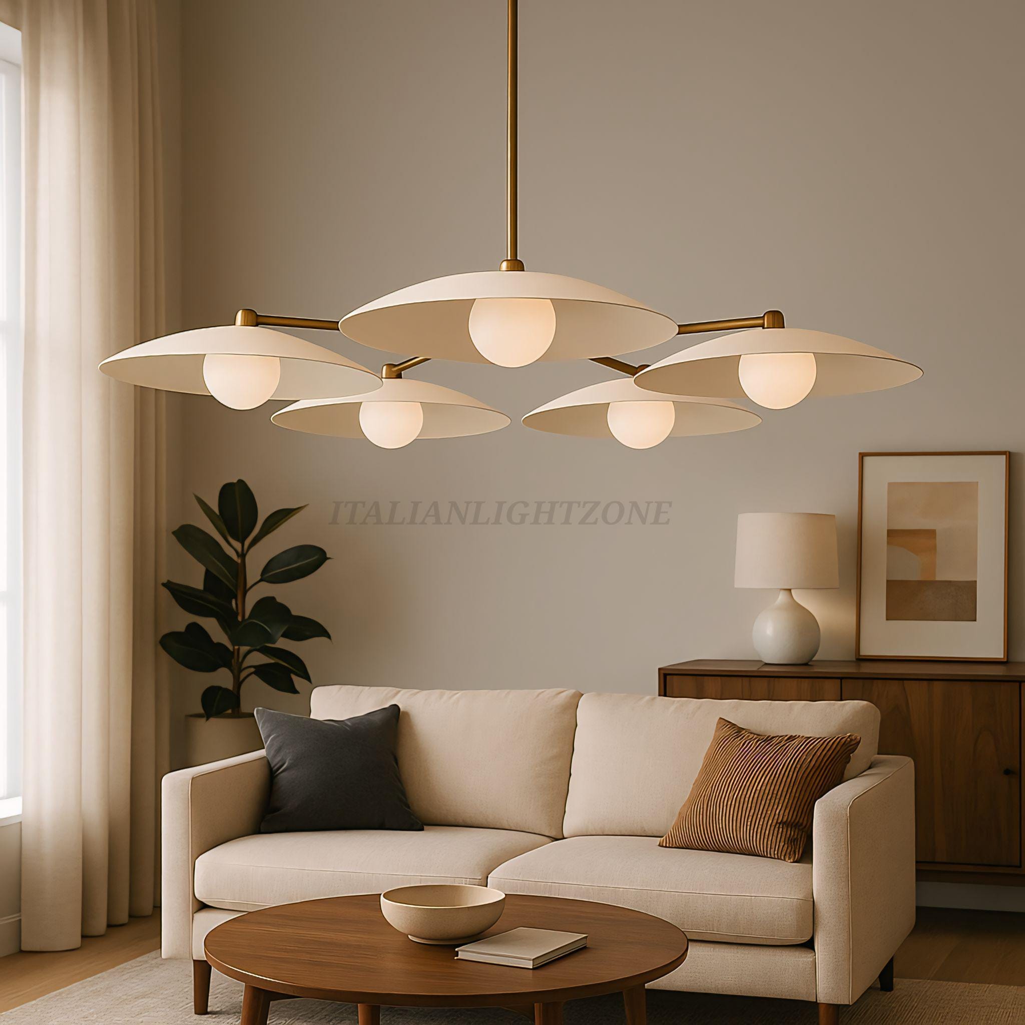 Handmade 5-Light Ceiling Chandelier – Mid Century Dining Room Pendant Fixture, Minimalist Brass Disc Ceiling Light for Kitchen & Living Room