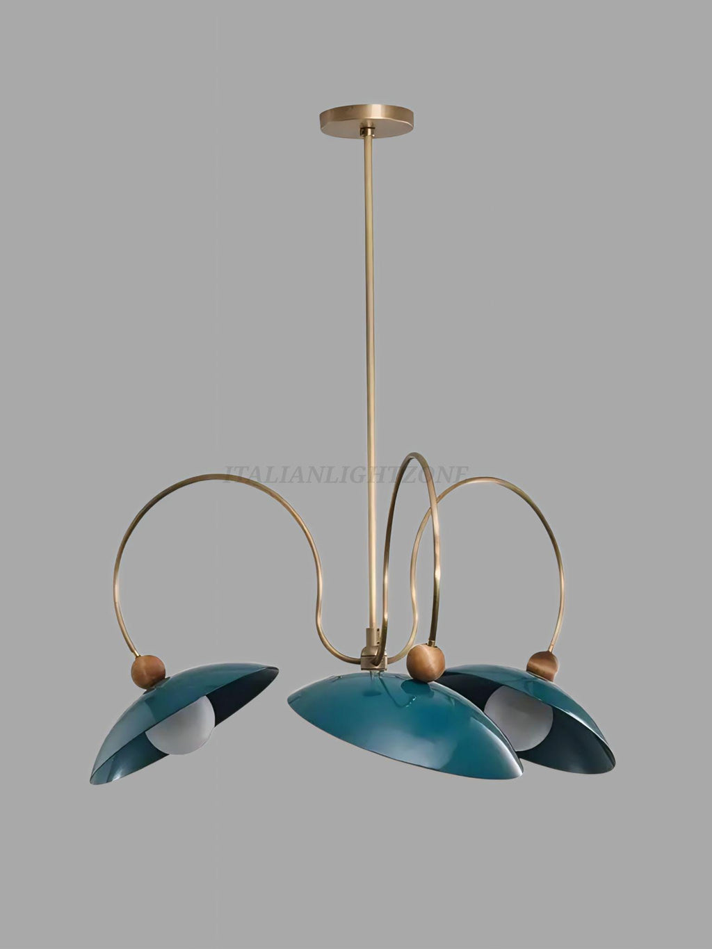 1920s Mid Century Modern Pendant Light – Brass & Walnut Chandelier with Enamel Shades | Vintage Ceiling Fixture for Dining Room