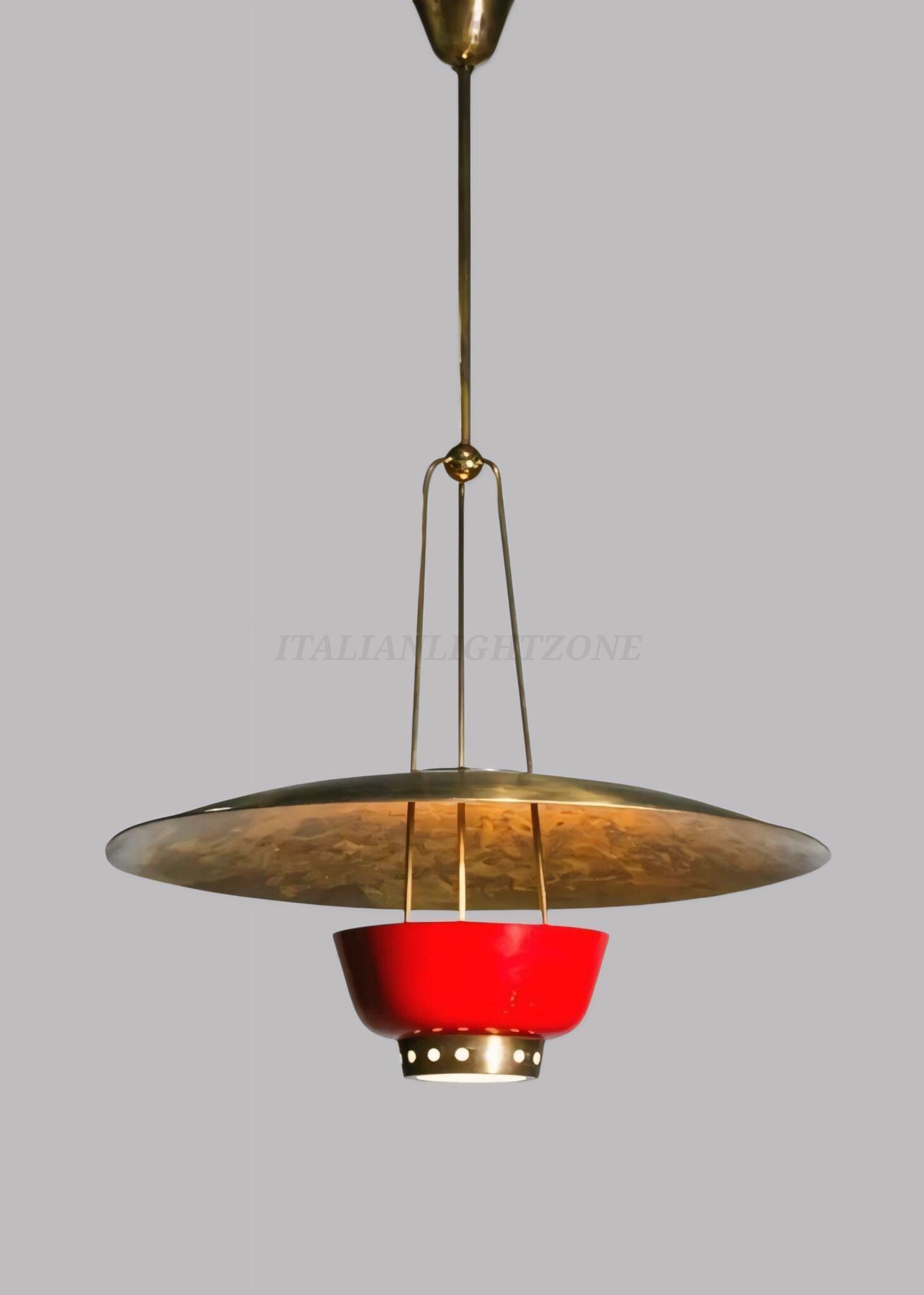 Mid Century Modern Pendant Light – 1950s Vintage Brass & Red Ceiling Lamp, Italian Retro Lighting, Personalized Home Decoration