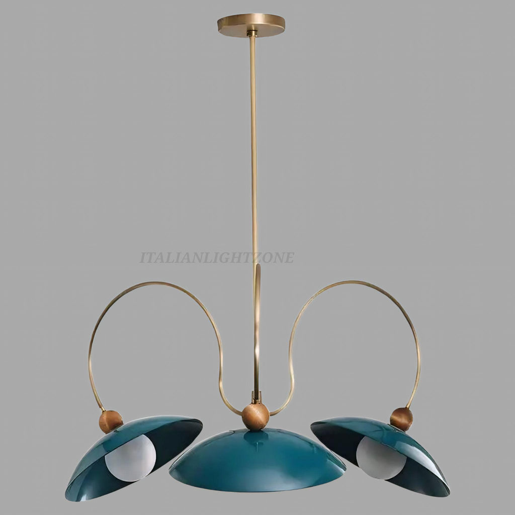 1920s Mid Century Modern Pendant Light – Brass & Walnut Chandelier with Enamel Shades | Vintage Ceiling Fixture for Dining Room