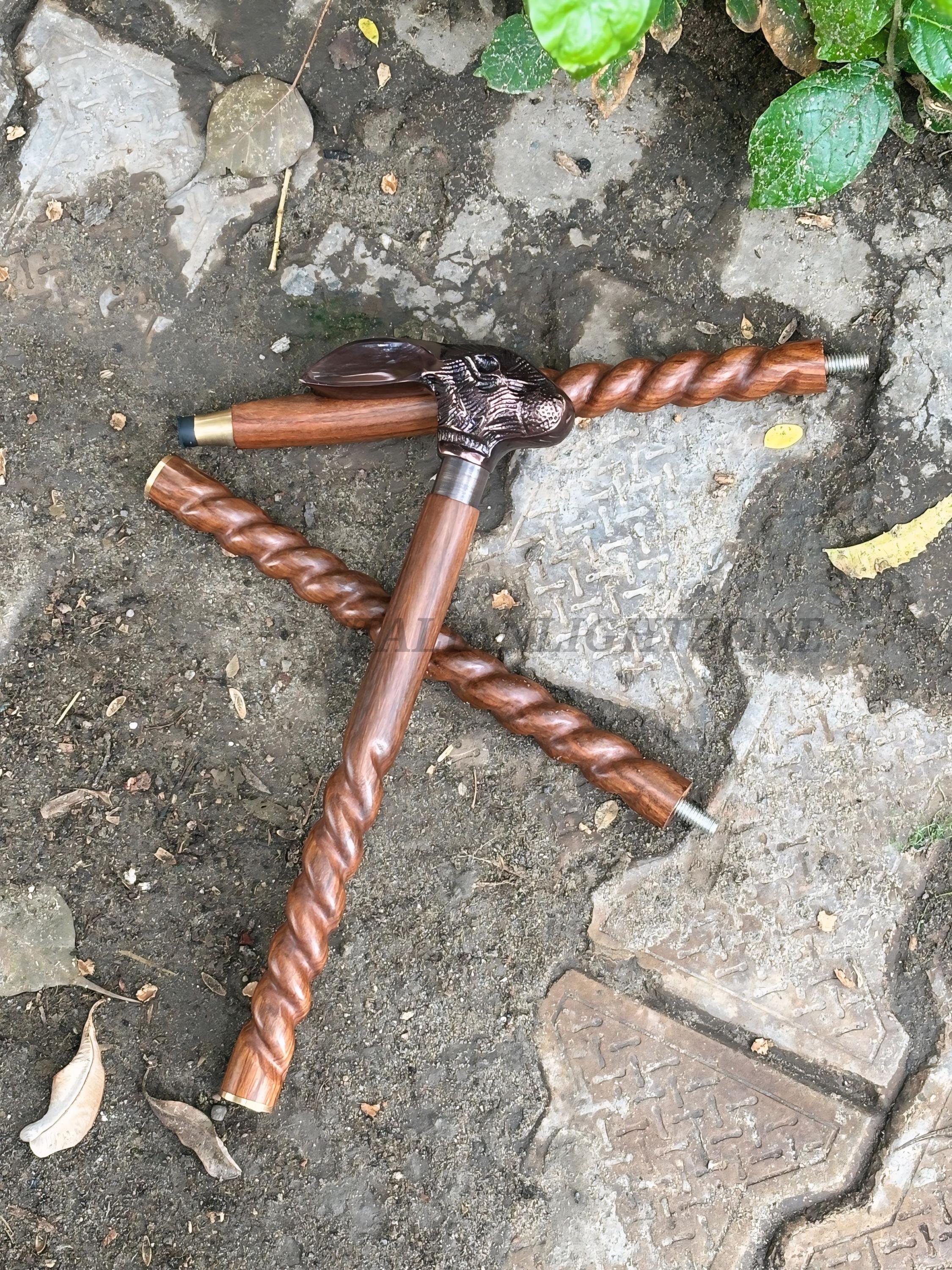 Handmade Wooden Walking Cane with Brass Rabbit Head Handle Spiral Carved Vintage Walking Stick Personalized  for Men & Women Unique Gift