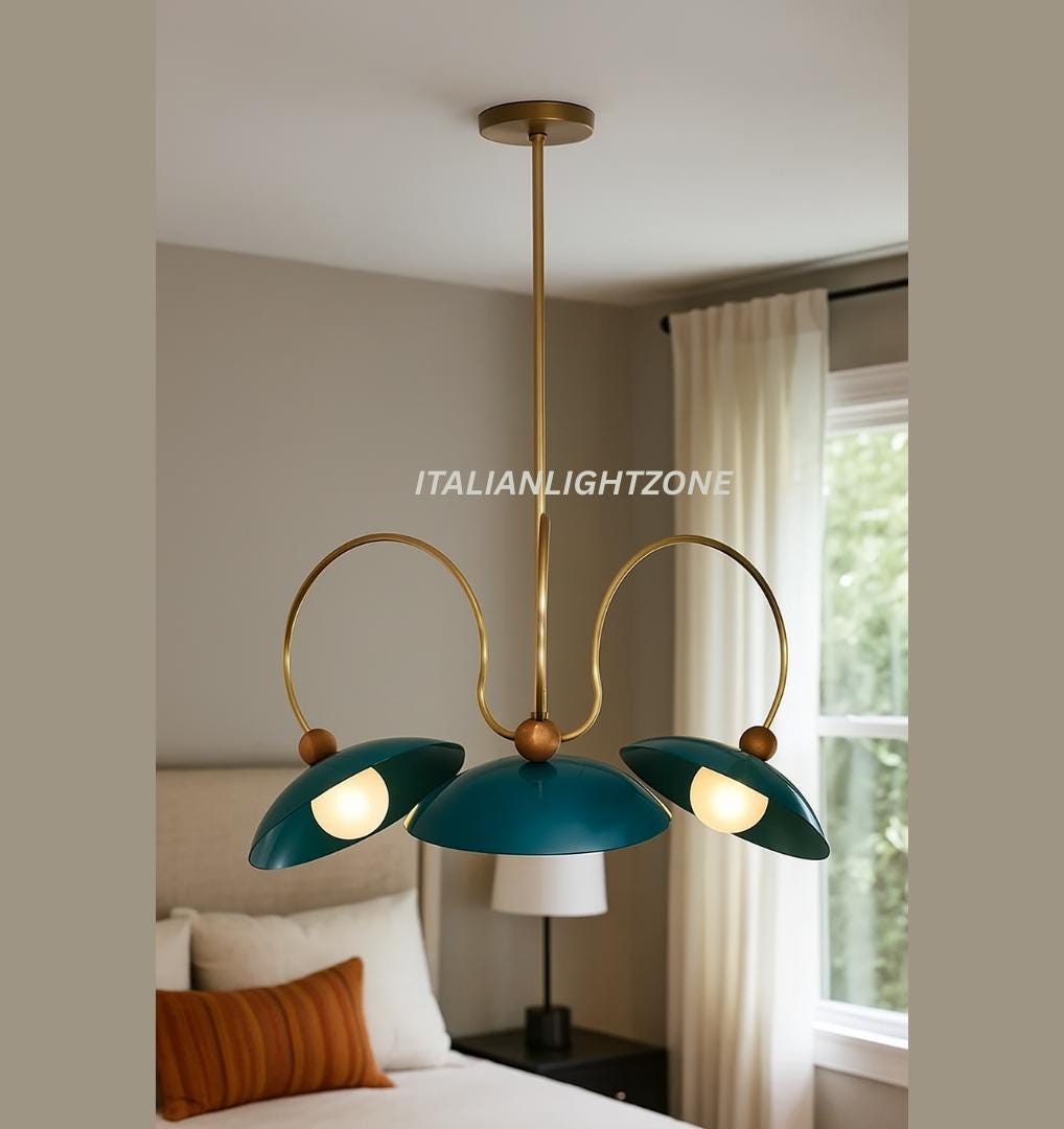 1920s Mid Century Modern Pendant Light – Brass & Walnut Chandelier with Enamel Shades | Vintage Ceiling Fixture for Dining Room