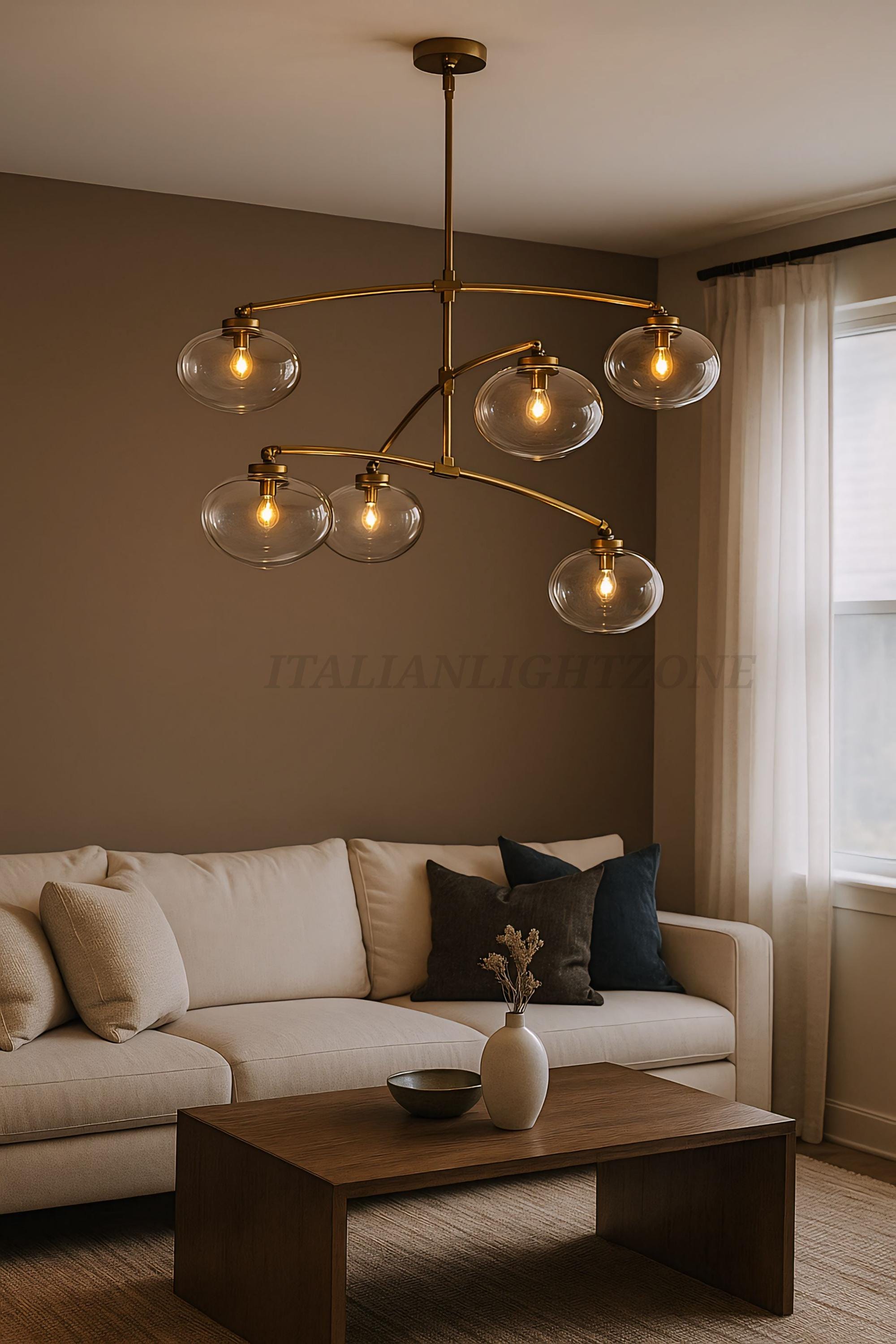 Mid Century Modern Brass Chandelier 6 Light Glass Globe Ceiling Pendant 1950s Style Vintage Home Décor Lighting Fixture Pendant Home Decor