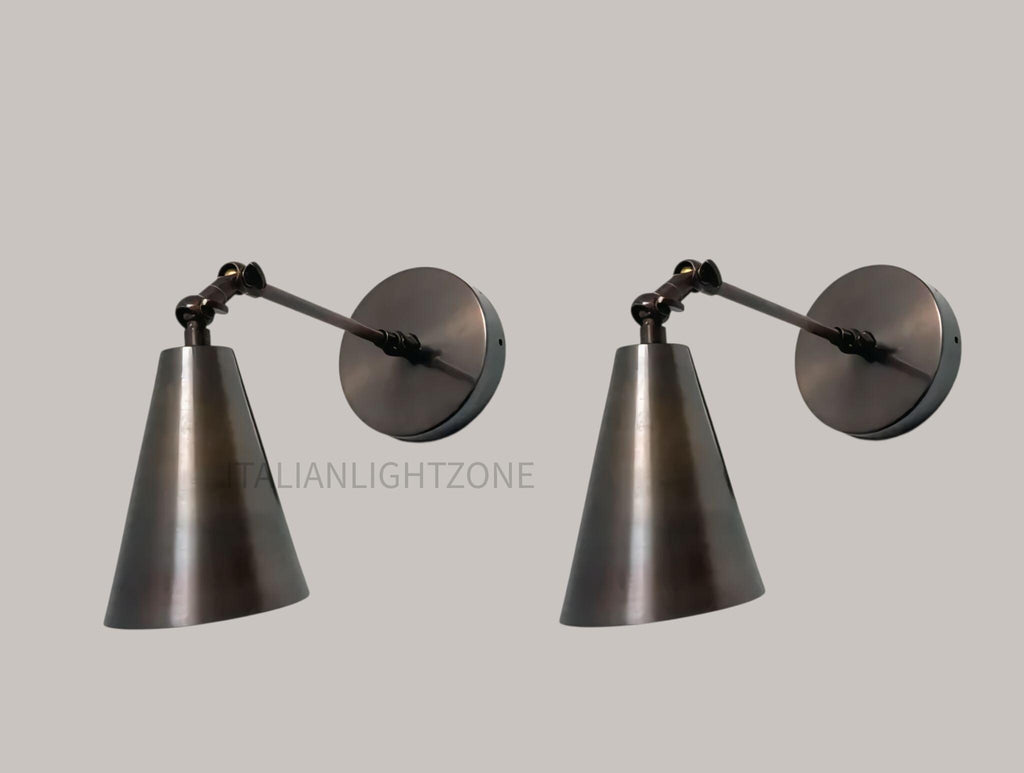 Set of 2 Vintage Cone Wall Sconce Lights – Industrial Adjustable Lamps Mid Century Modern Brass Fixture Handmade Brass Lighting for bedroom