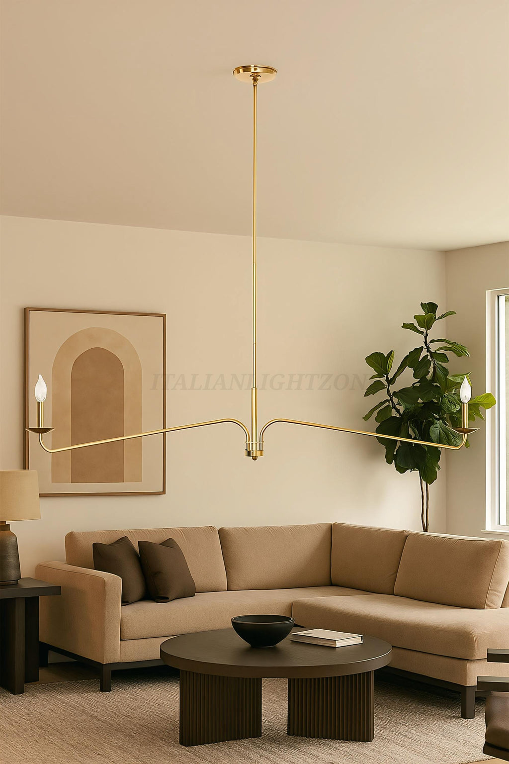 Handmade Brass Candle Chandelier | Modern Linear Gold Pendant Light | Elegant Contemporary Lighting for Dining Room & Living Room