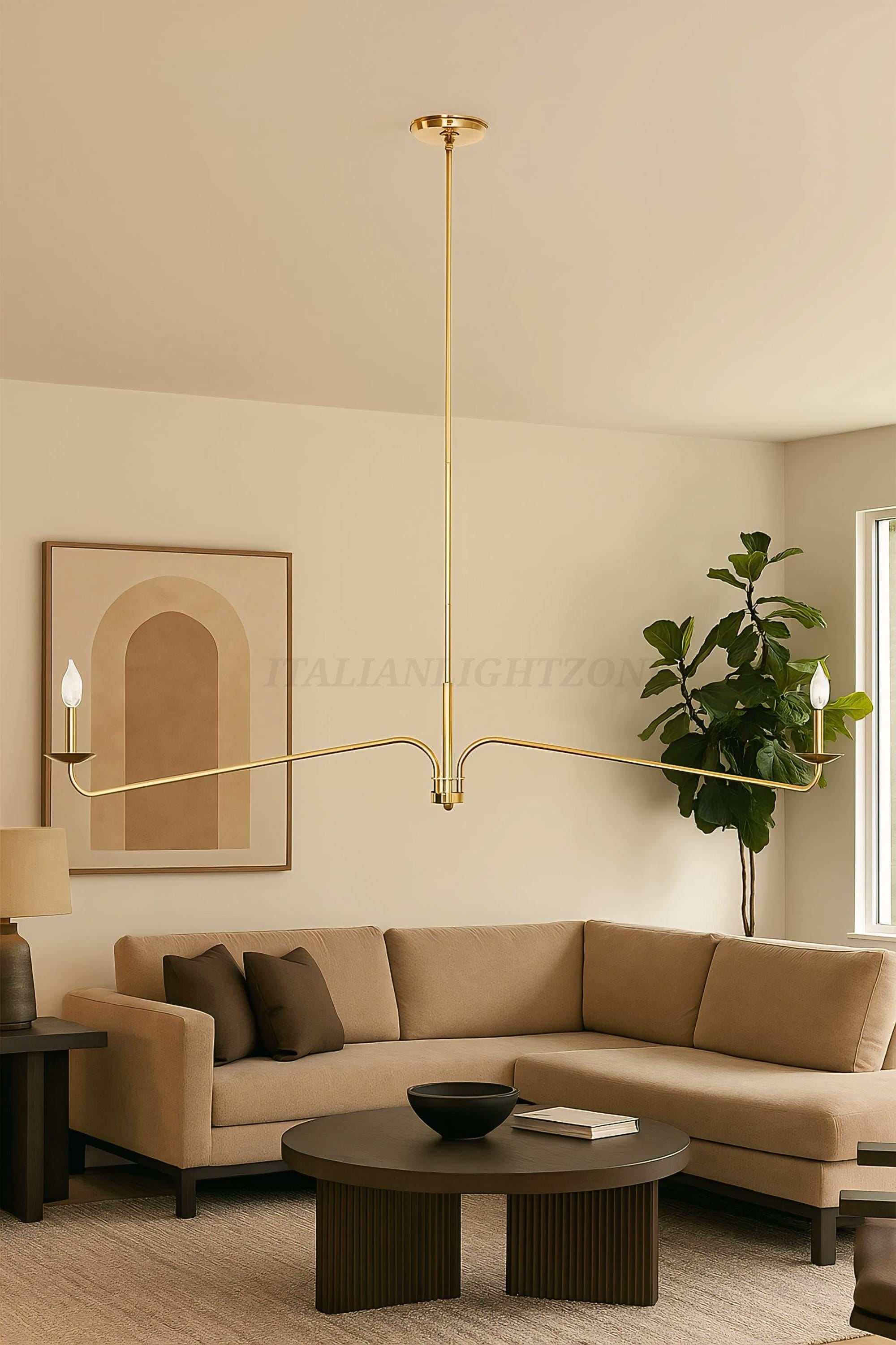 Handmade Brass Candle Chandelier | Modern Linear Gold Pendant Light | Elegant Contemporary Lighting for Dining Room & Living Room