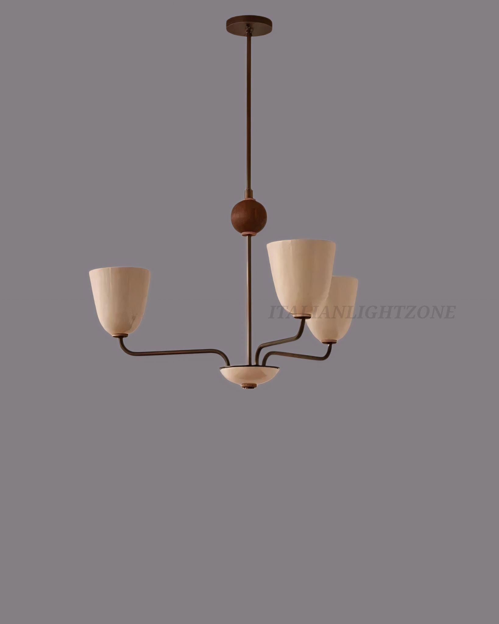 Lola Chandelier – Handmade 3-Light Walnut Ball Mid Century Modern Ceiling Fixture – Large Minimalist Pendant Light for Elegant Homes