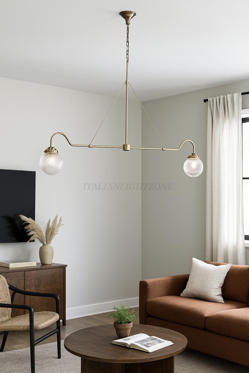 Mid Century Modern Brass Chandelier – 2-Light Sputnik Ceiling Lamp with Ribbed Glass Globes | Semi Flush Mount Lighting for Living Room