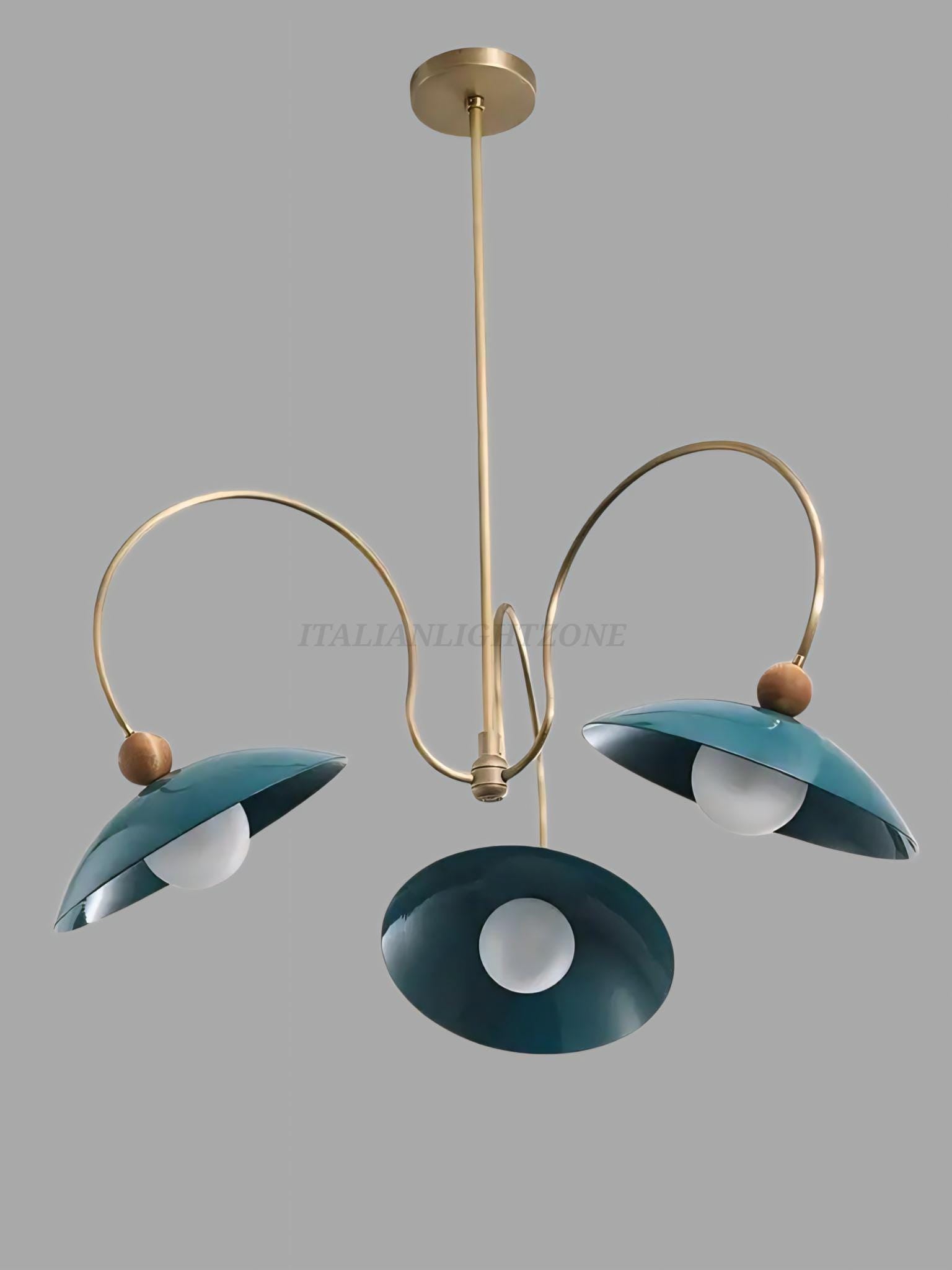 1920s Mid Century Modern Pendant Light – Brass & Walnut Chandelier with Enamel Shades | Vintage Ceiling Fixture for Dining Room