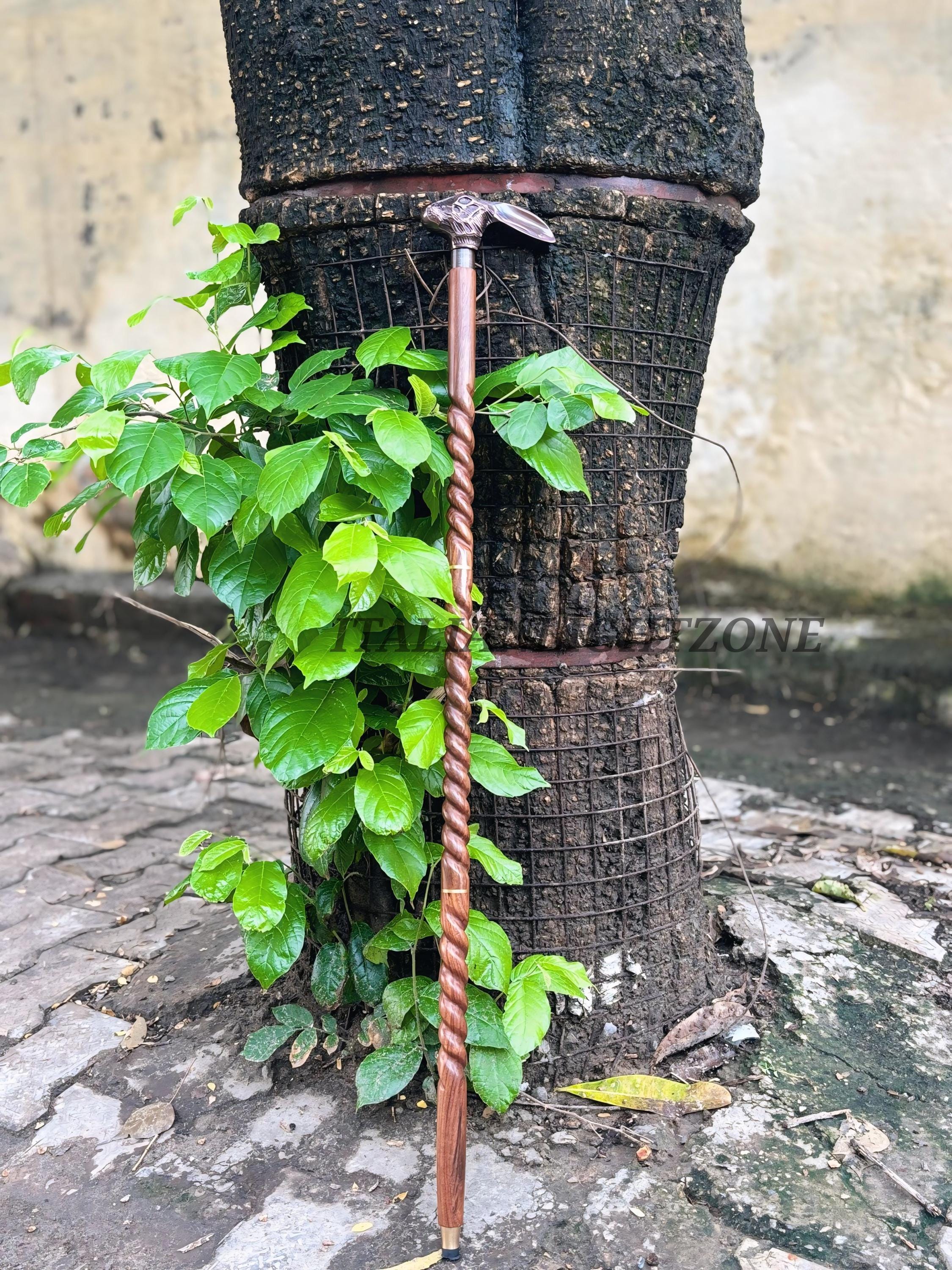 Handmade Wooden Walking Cane with Brass Rabbit Head Handle Spiral Carved Vintage Walking Stick Personalized  for Men & Women Unique Gift
