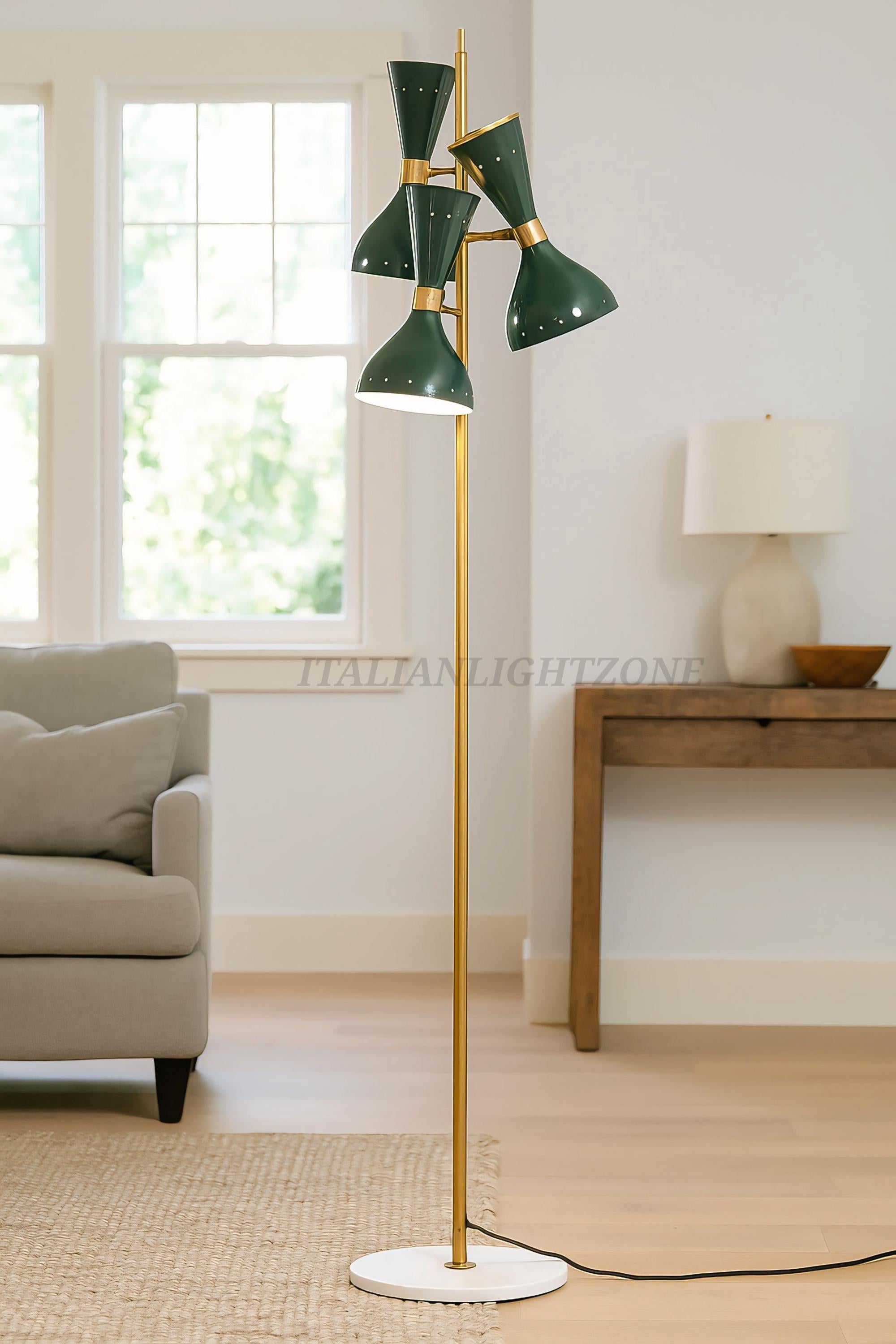 Handmade Vintage Mid Century Floor Lamp – Stilnovo Style Green & Brass Standing Light | Retro Room Decor | Antique Lighting Fixture
