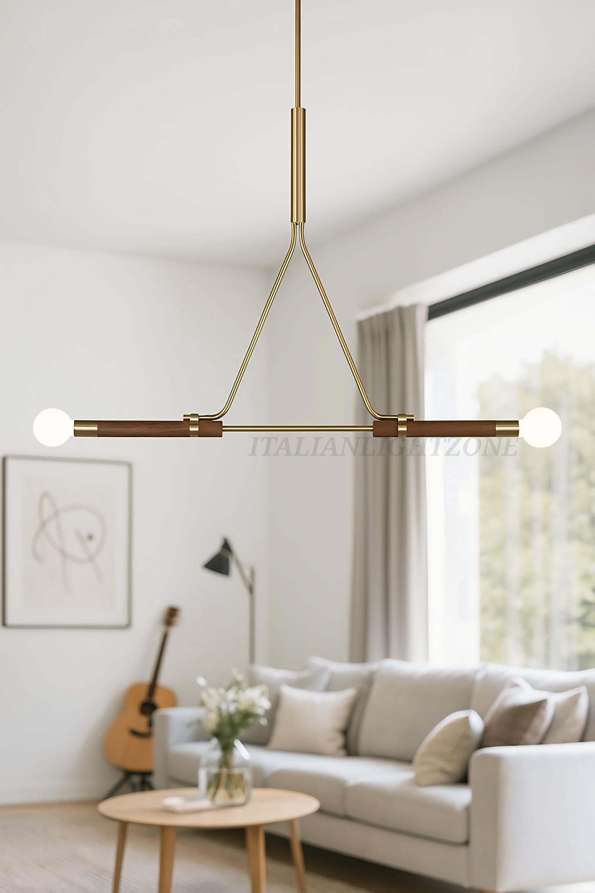 1950s Italian Mid Century Modern Pendant Light Brass & Wood Linear Ceiling Chandelier Minimalist Telfair Pendant Kitchen and Christmas Light