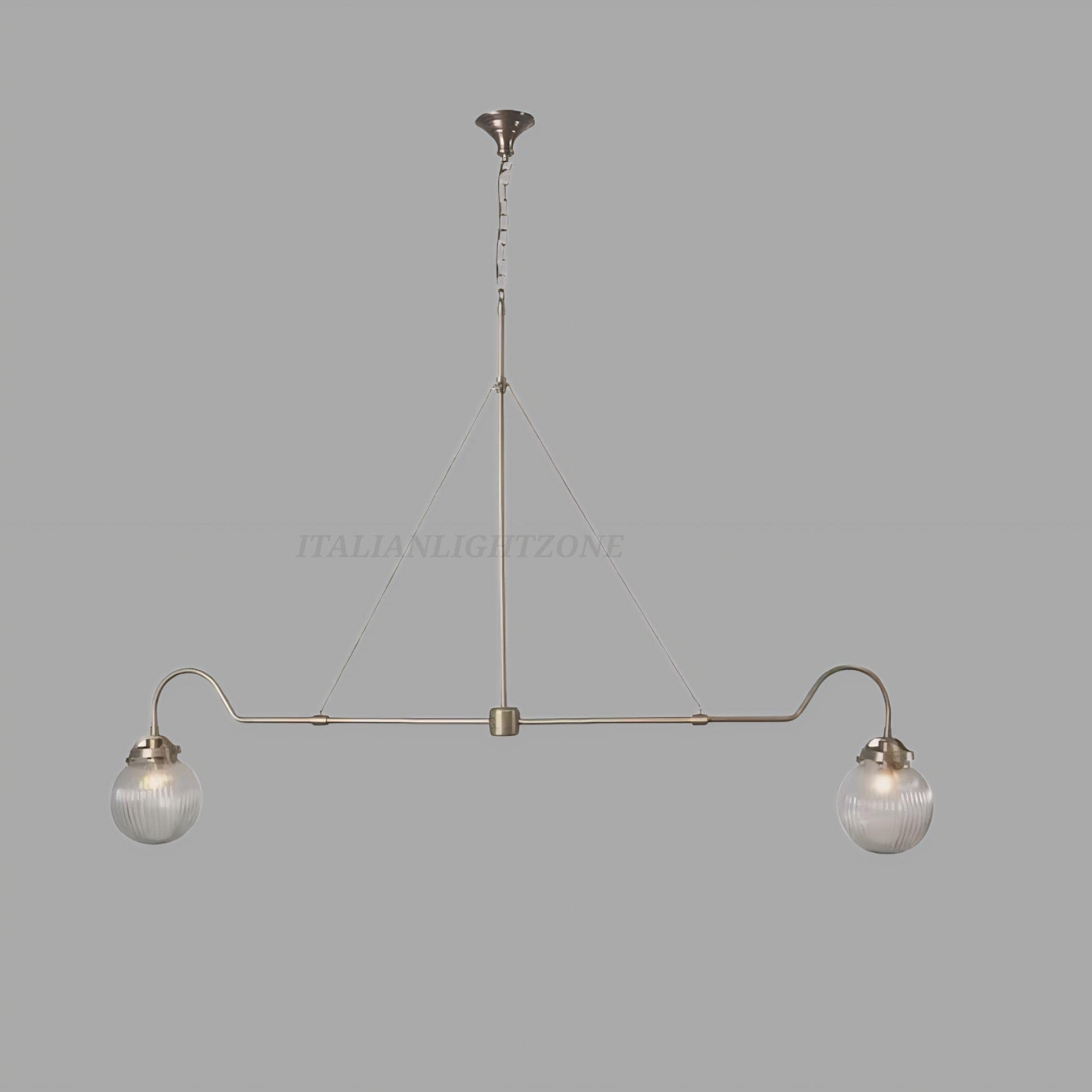 Mid Century Modern Brass Chandelier – 2-Light Sputnik Ceiling Lamp with Ribbed Glass Globes | Semi Flush Mount Lighting for Living Room
