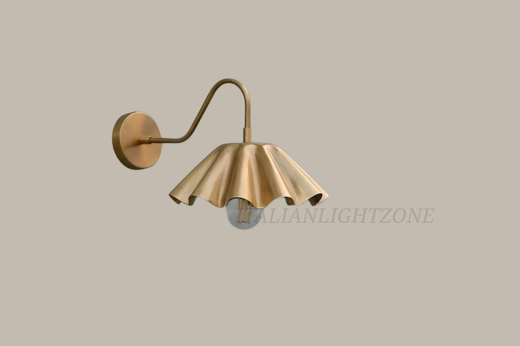 Italian Handcrafted Brass Wall Sconce – Mid Century Modern Ruffle Shade Lamp, Vintage Luxury Lighting Fixture for Bedroom & Living Room
