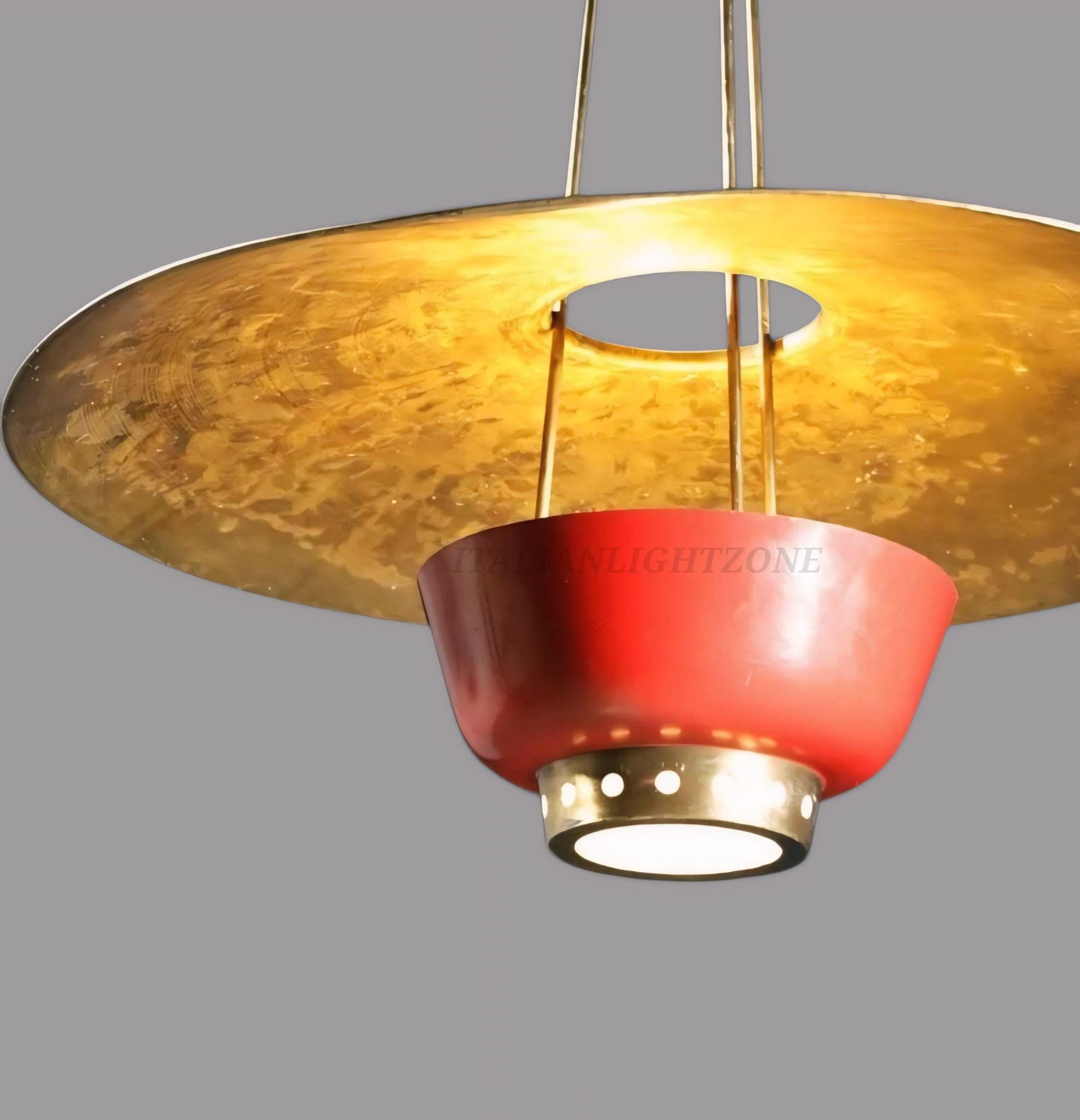 Mid Century Modern Pendant Light – 1950s Vintage Brass & Red Ceiling Lamp, Italian Retro Lighting, Personalized Home Decoration