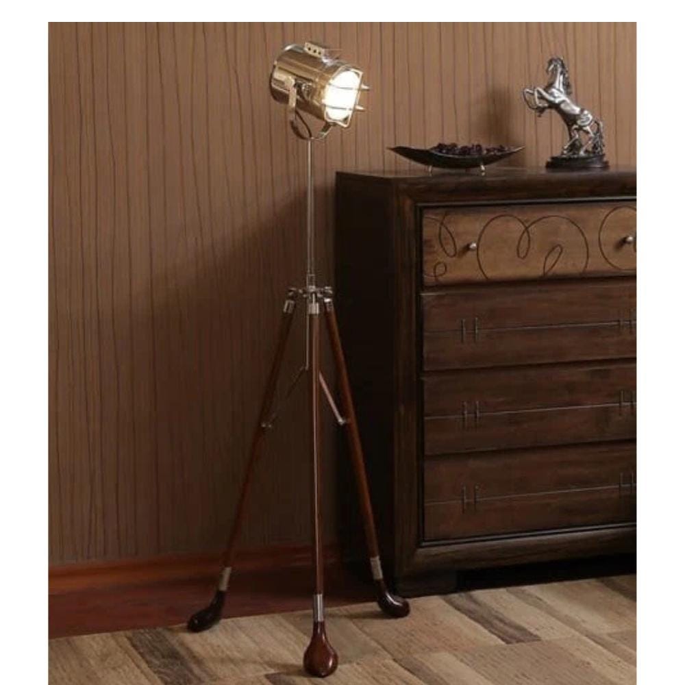 Handmade Wooden Tripod Spotlight Lamp | Golf Design Floor Light | Adjustable Vintage Standing Lamp for Home Decoration