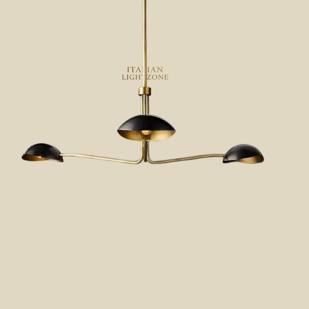 Handmade Mid Century Modern Stilnovo Chandelier – Italian Brass Sputnik Light – 3 Arm Black Dome Ceiling Lamp for Living or Dining