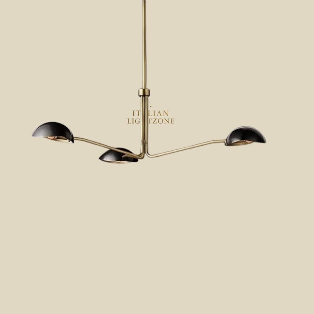 Handmade Mid Century Modern Stilnovo Chandelier – Italian Brass Sputnik Light – 3 Arm Black Dome Ceiling Lamp for Living or Dining