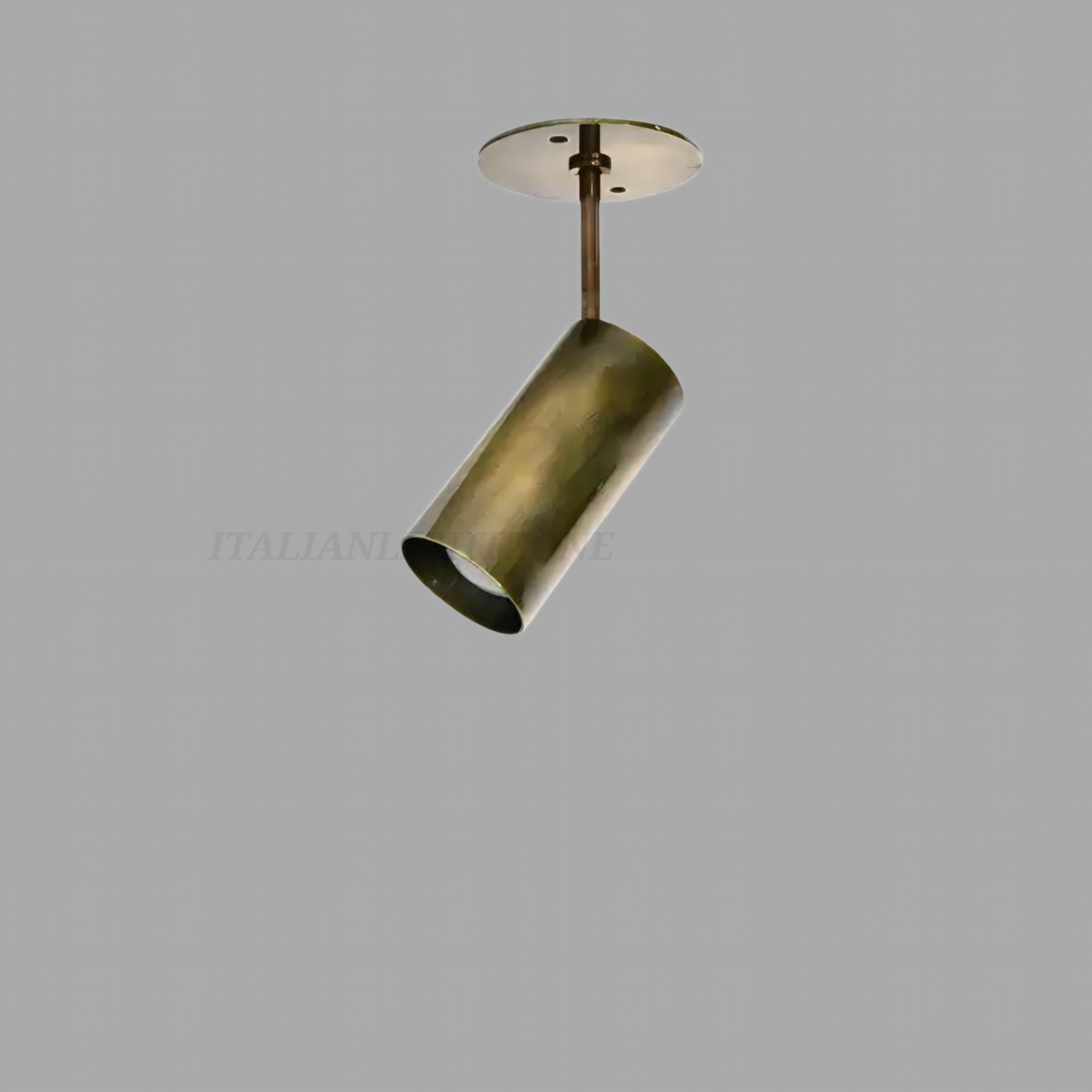 Antique Brass Ceiling Spotlight | Mid Century Modern Cylinder Flush Mount Light | Vintage Italian Style Ceiling Lighting Fixture