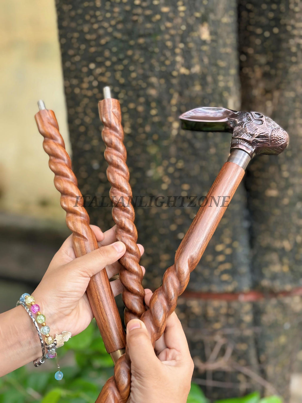 Handmade Wooden Walking Cane with Brass Rabbit Head Handle Spiral Carved Vintage Walking Stick Personalized  for Men & Women Unique Gift