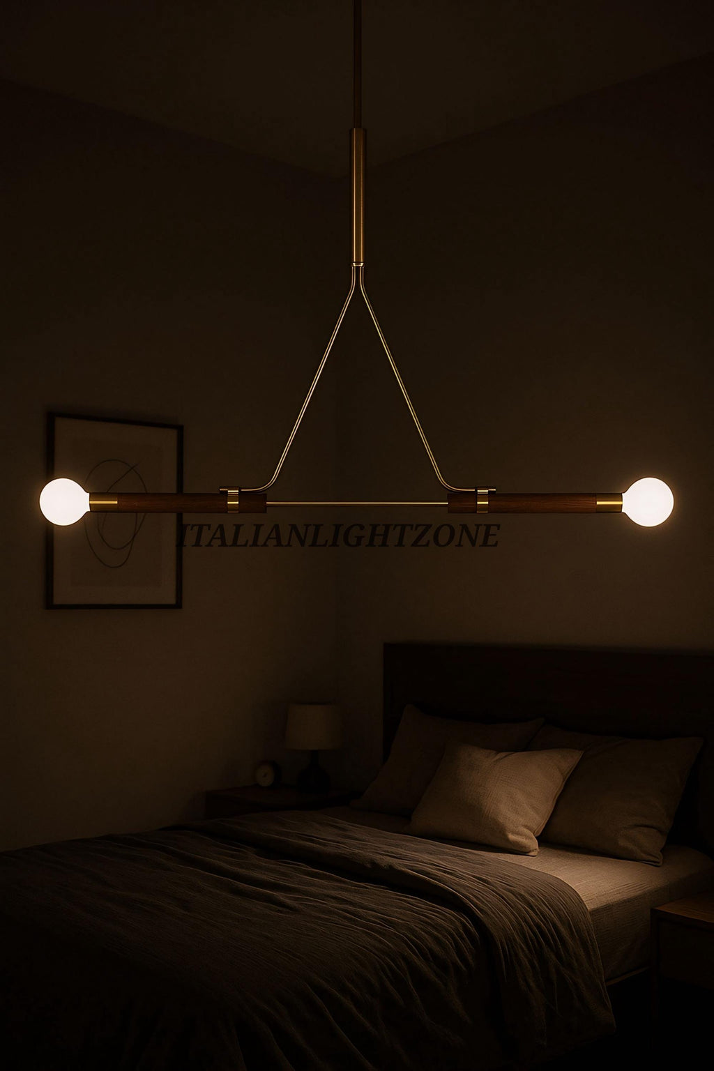 1950s Italian Mid Century Modern Pendant Light Brass & Wood Linear Ceiling Chandelier Minimalist Telfair Pendant Kitchen and Christmas Light