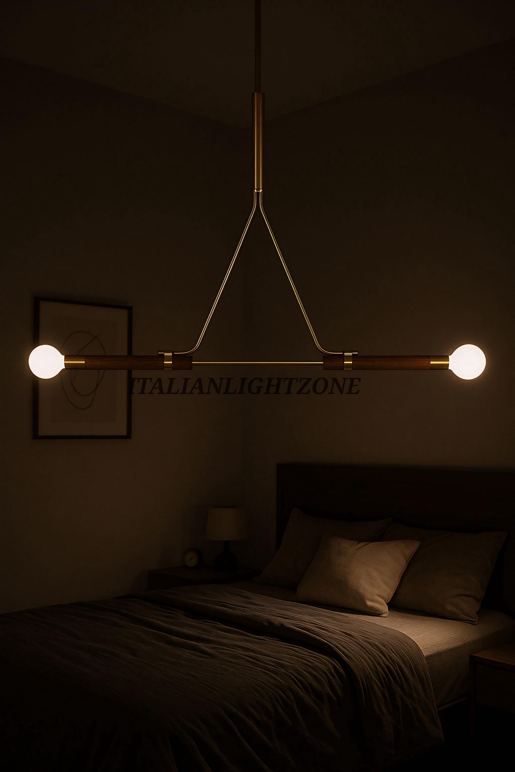 1950s Italian Mid Century Modern Pendant Light Brass & Wood Linear Ceiling Chandelier Minimalist Telfair Pendant Kitchen and Christmas Light