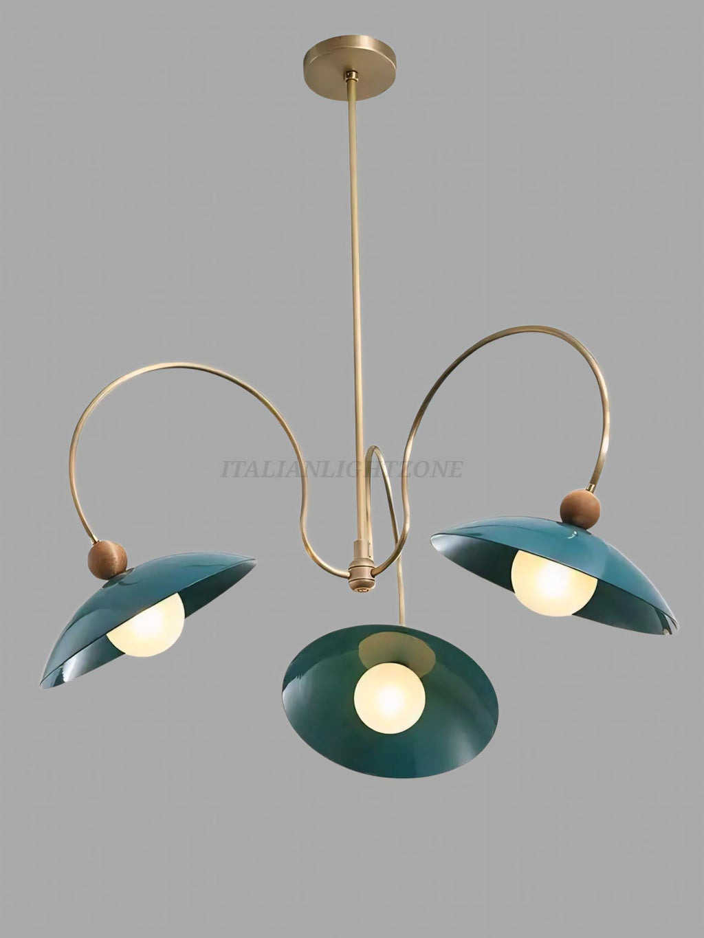 1920s Mid Century Modern Pendant Light – Brass & Walnut Chandelier with Enamel Shades | Vintage Ceiling Fixture for Dining Room