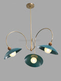 1920s Mid Century Modern Pendant Light – Brass & Walnut Chandelier with Enamel Shades | Vintage Ceiling Fixture for Dining Room